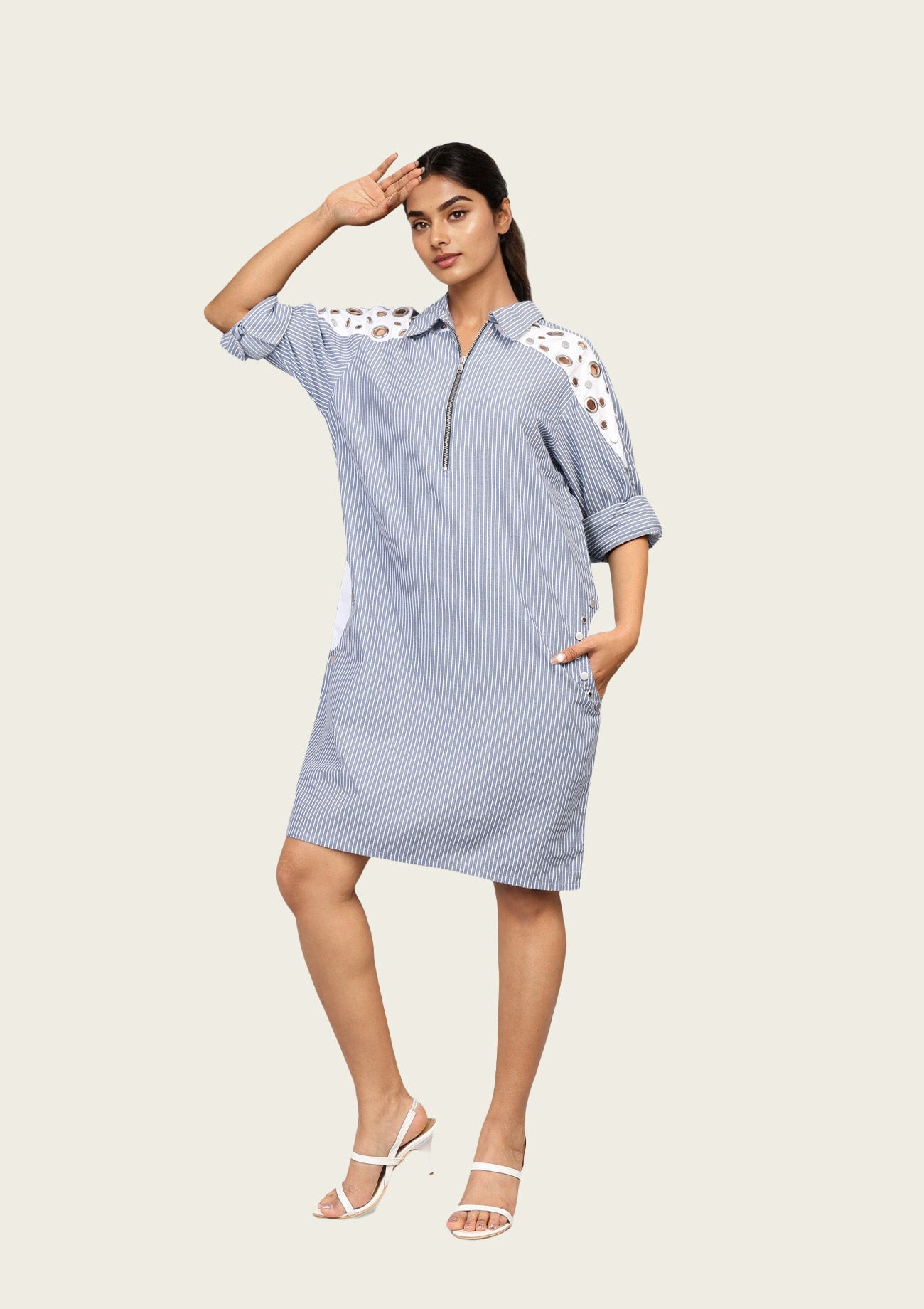 Blue and White Stripe One Piece Cotton Dress with Eyelets and Snap Buttons