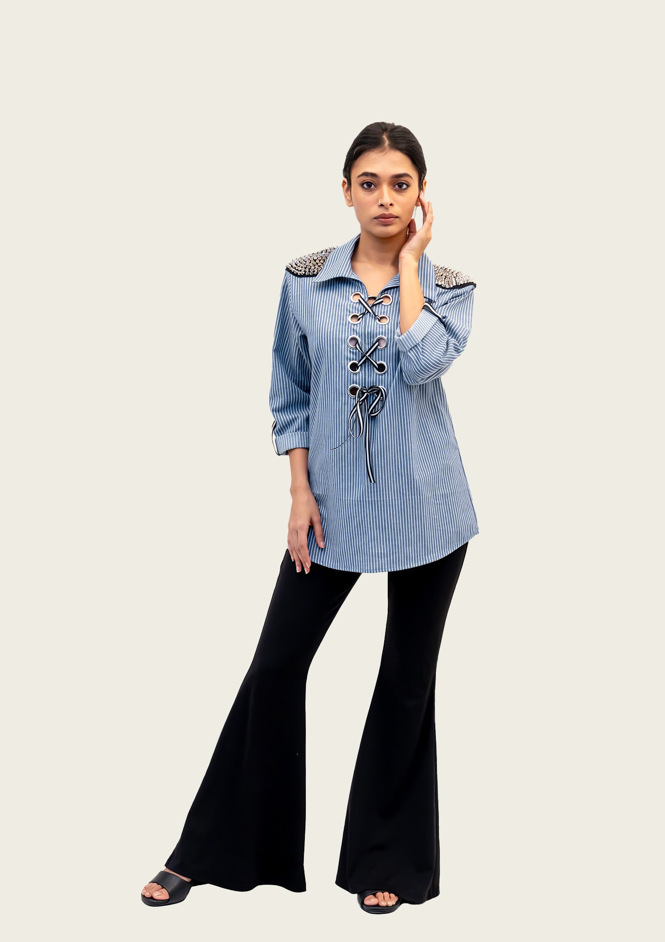 Blue and White Stripe Cotton Shirt with Embroidery