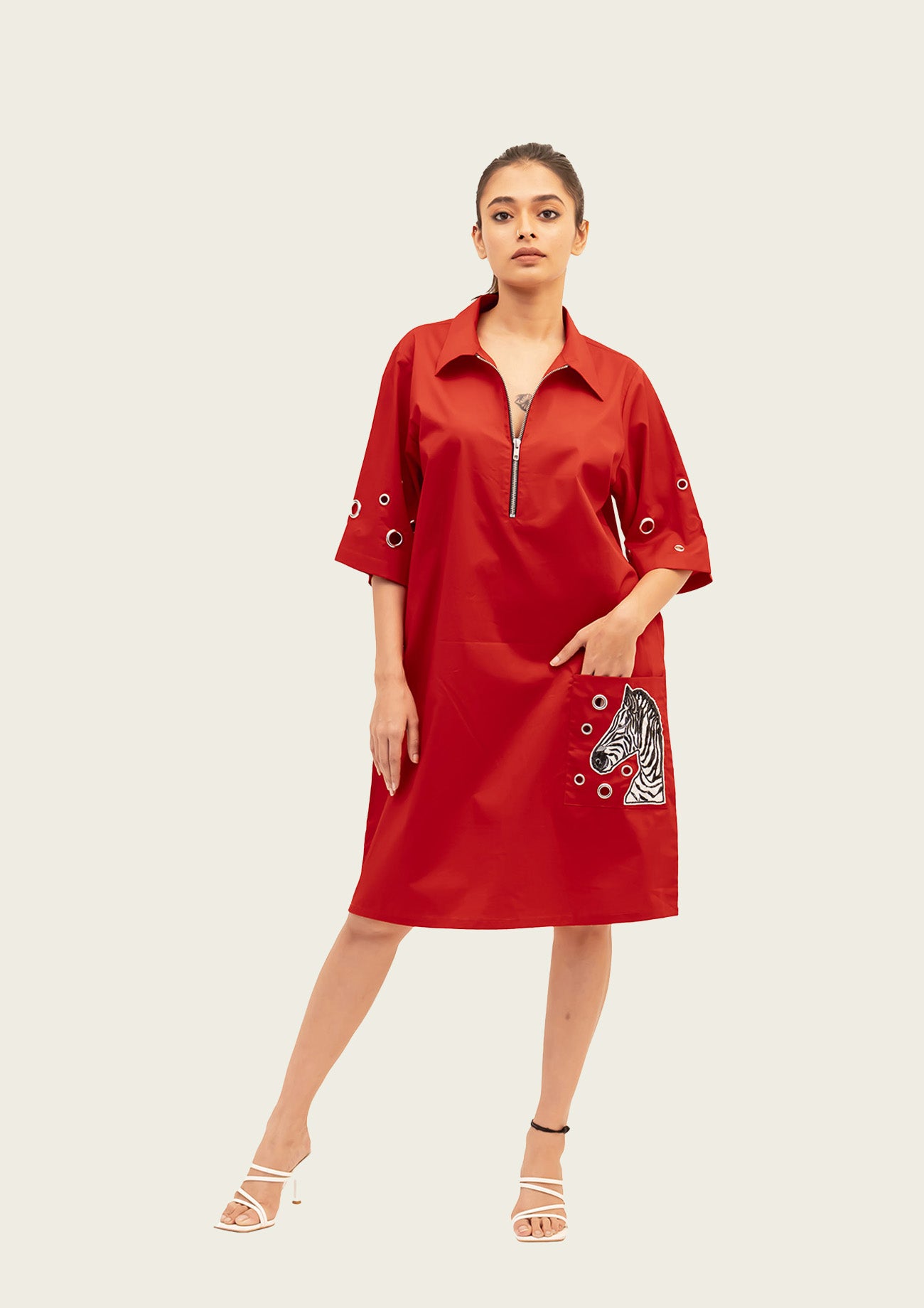Red Cotton Dress with Embroidery
