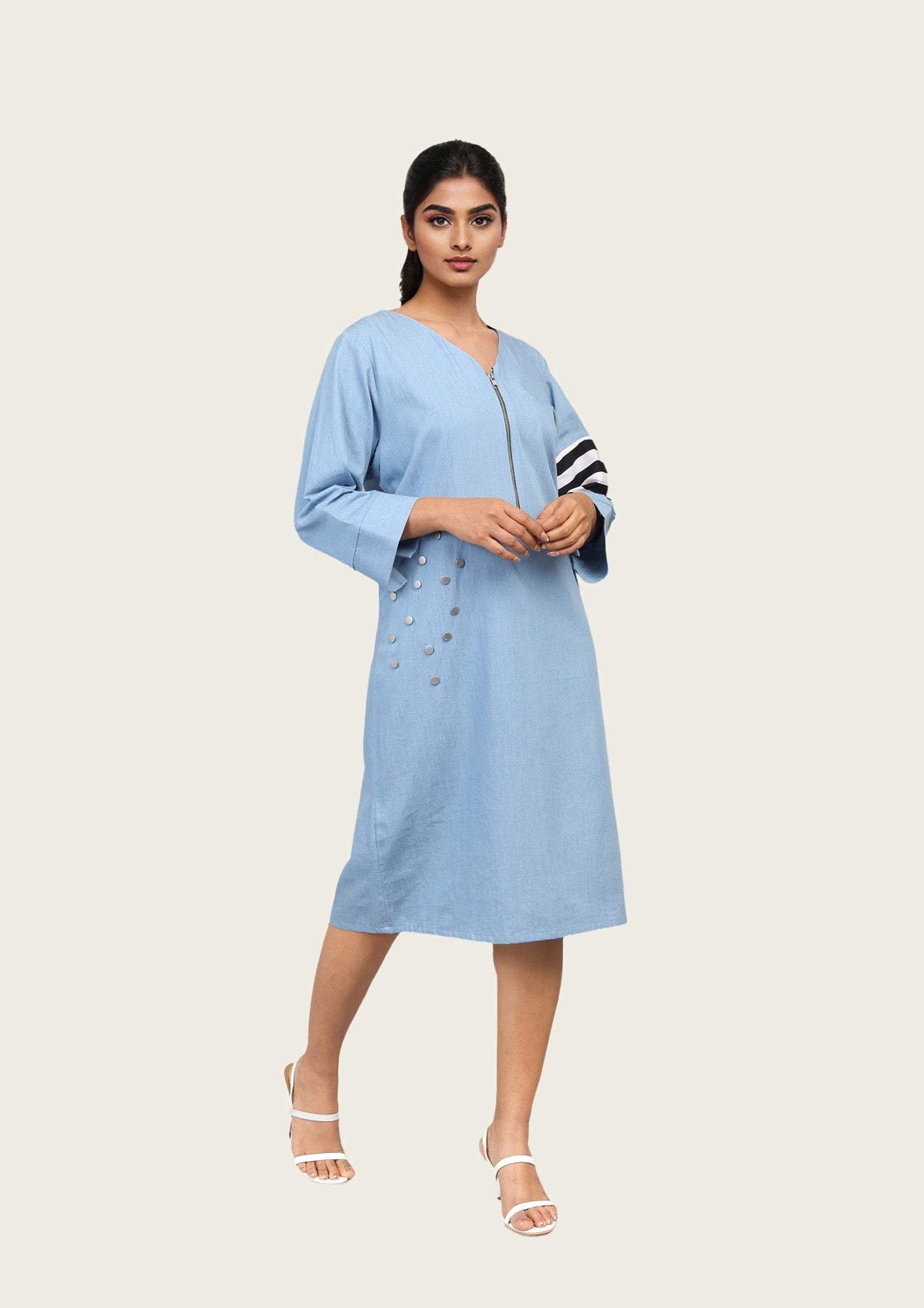 Blue Cotton Denim Midi Dress