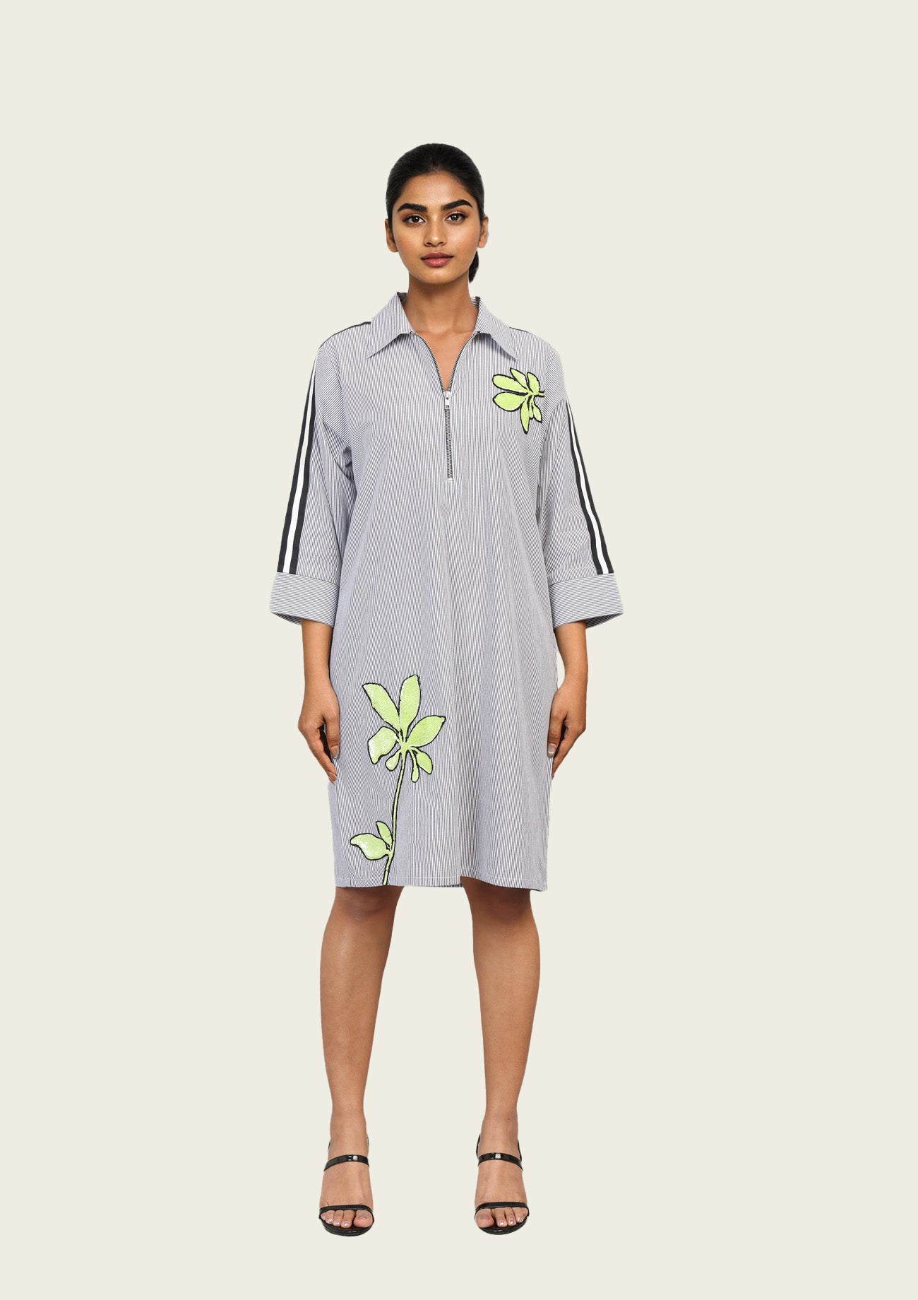 Black and White Pinstripe Cotton Dress with Embroidery