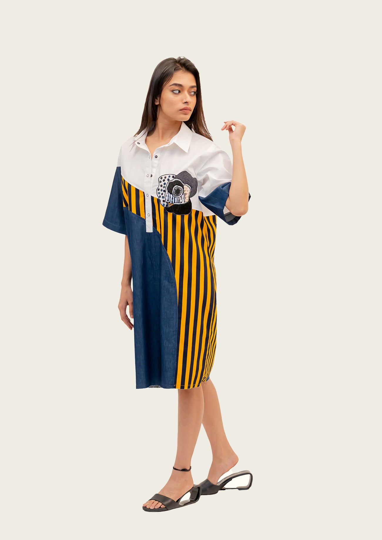 Blue Denim Combo Cotton Dress with Embroidery