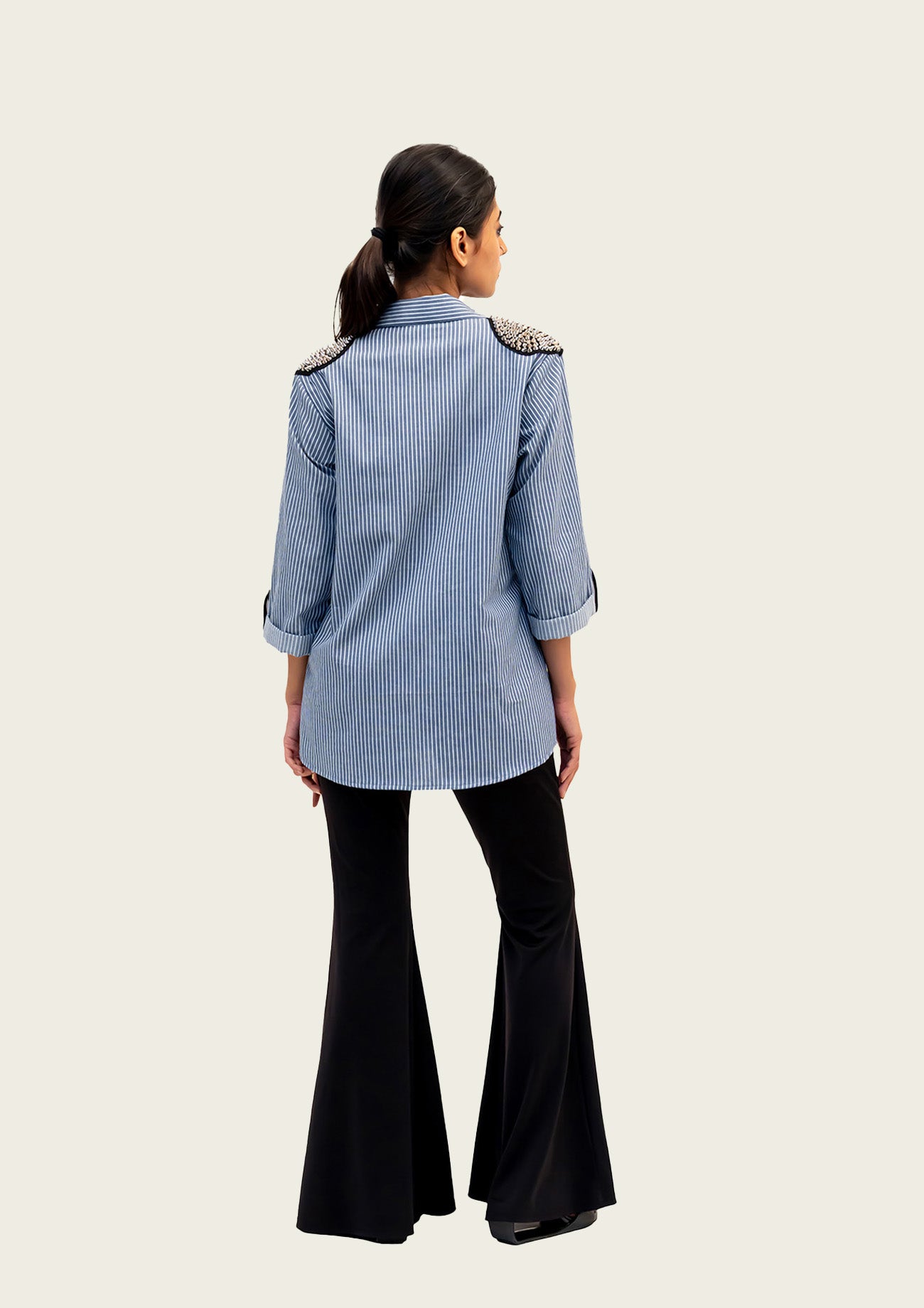 Blue and White Stripe Cotton Shirt with Embroidery