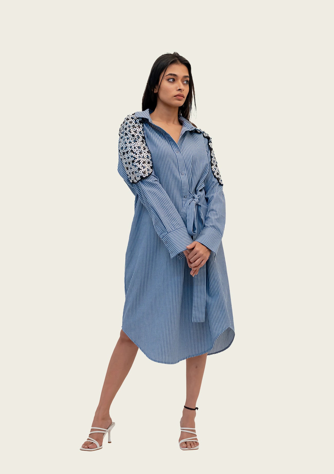 Blue and White Striped Cotton Dress with Embroidery