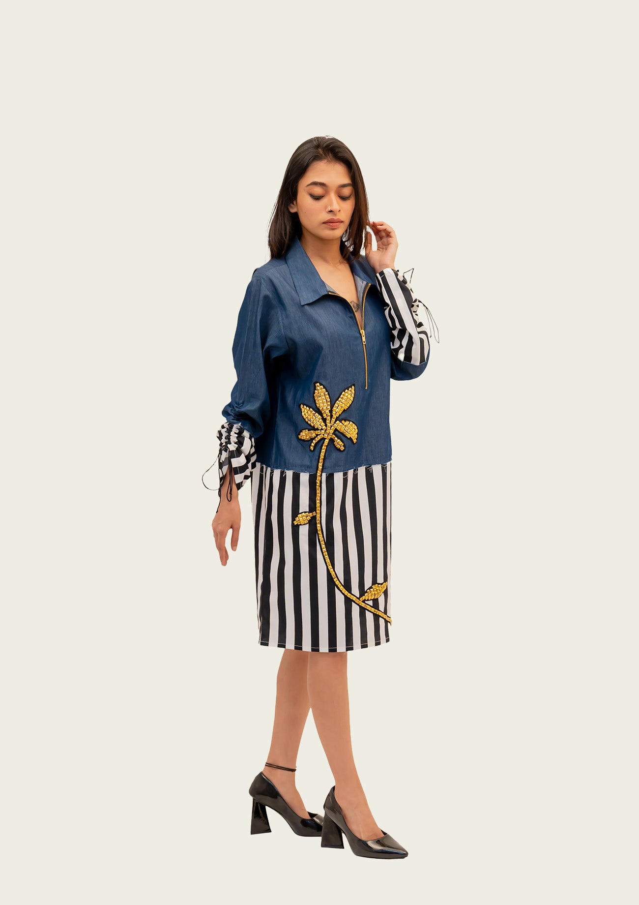 Denim and Stripe Combo Cotton Dress with Embroidery