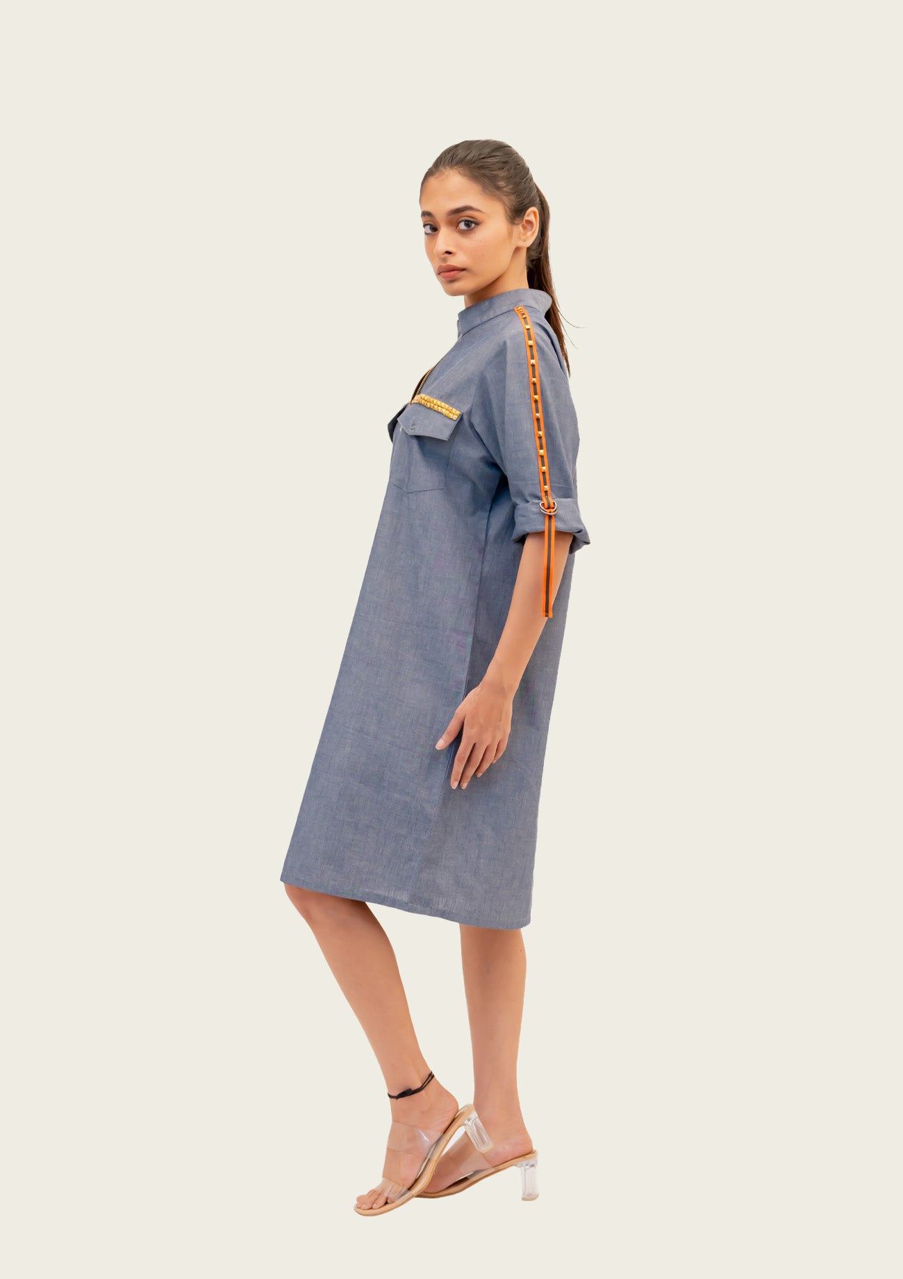 Blue Chambray Dress with Embroidery