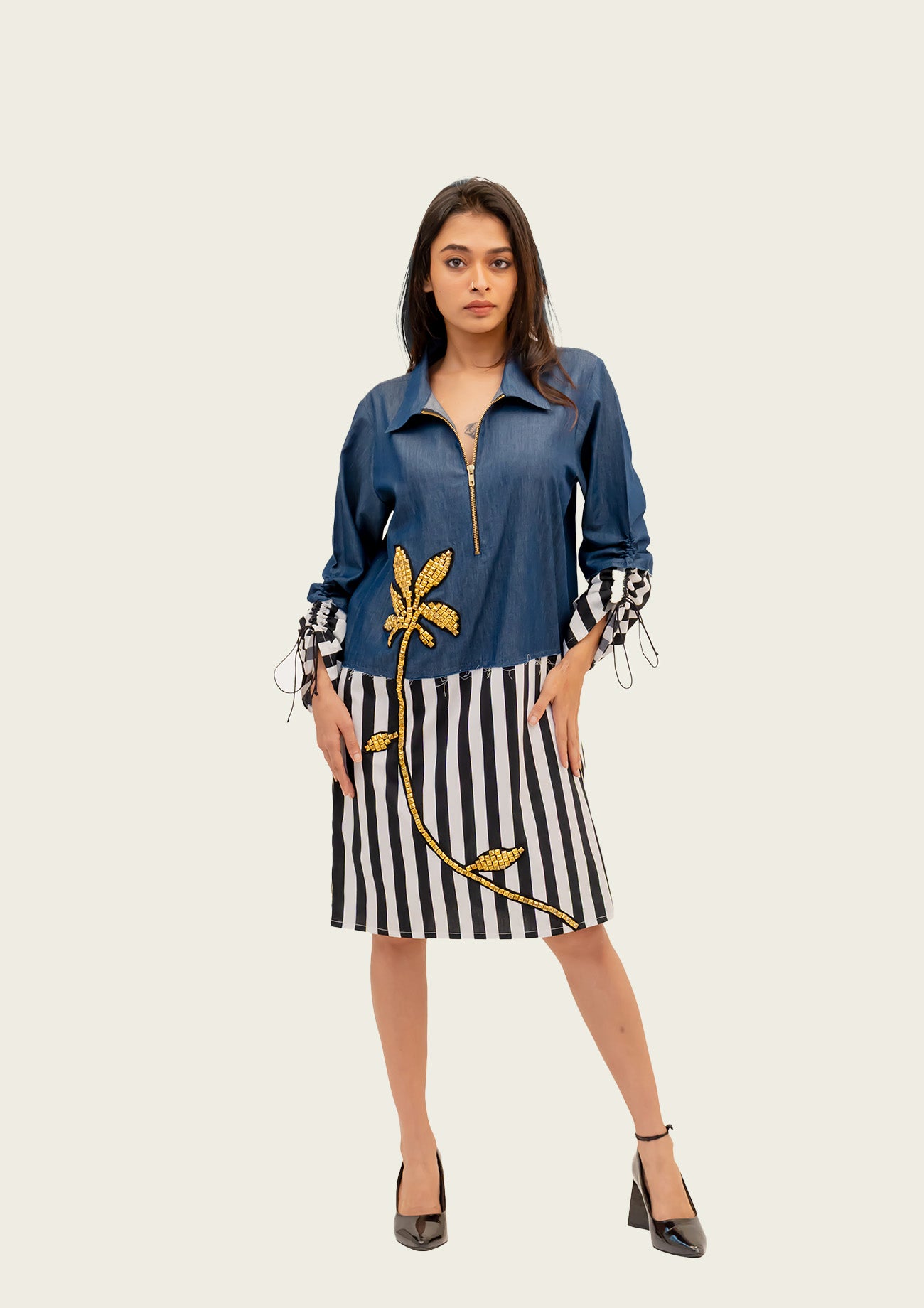 Denim and Stripe Combo Cotton Dress with Embroidery