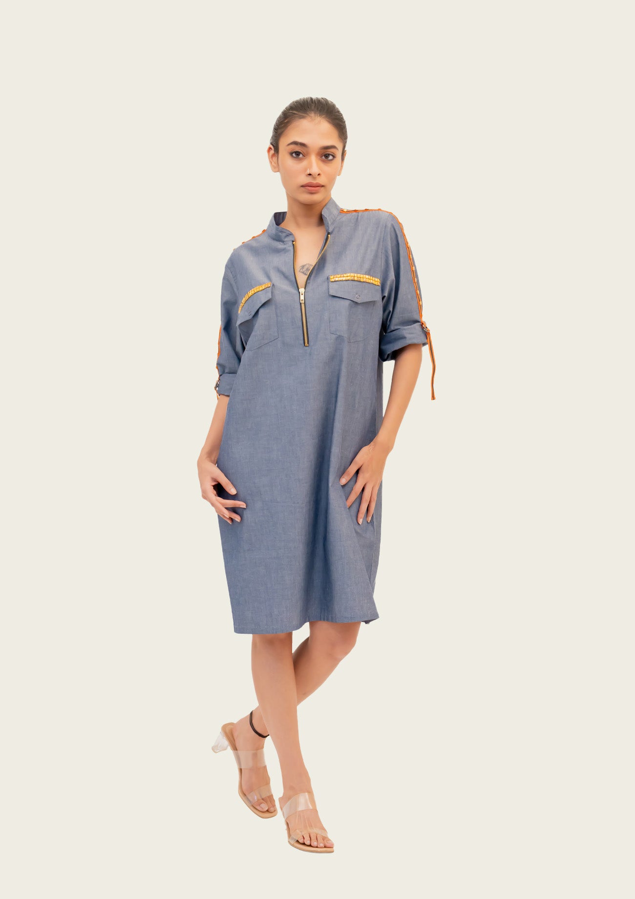 Blue Chambray Dress with Embroidery