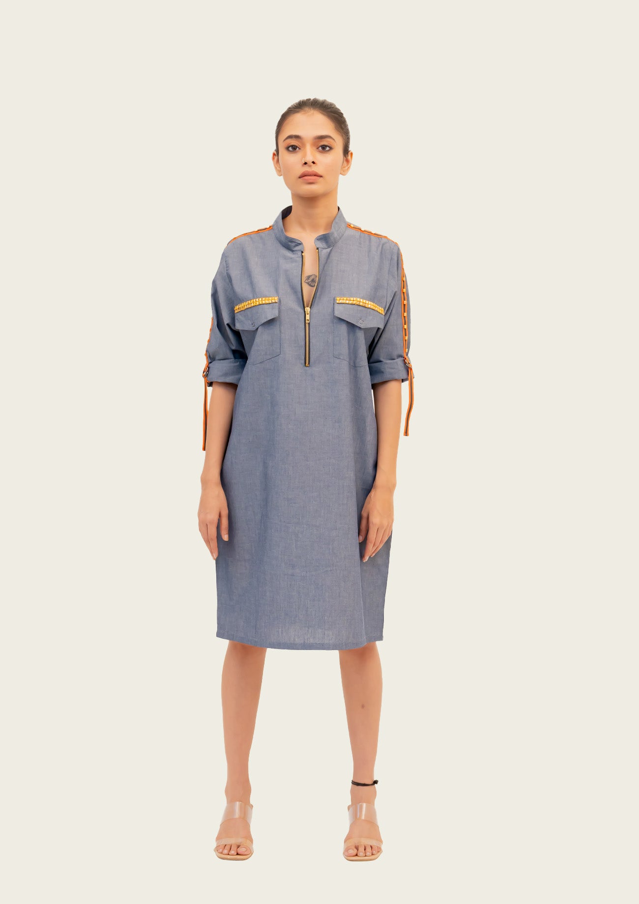 Blue Chambray Dress with Embroidery