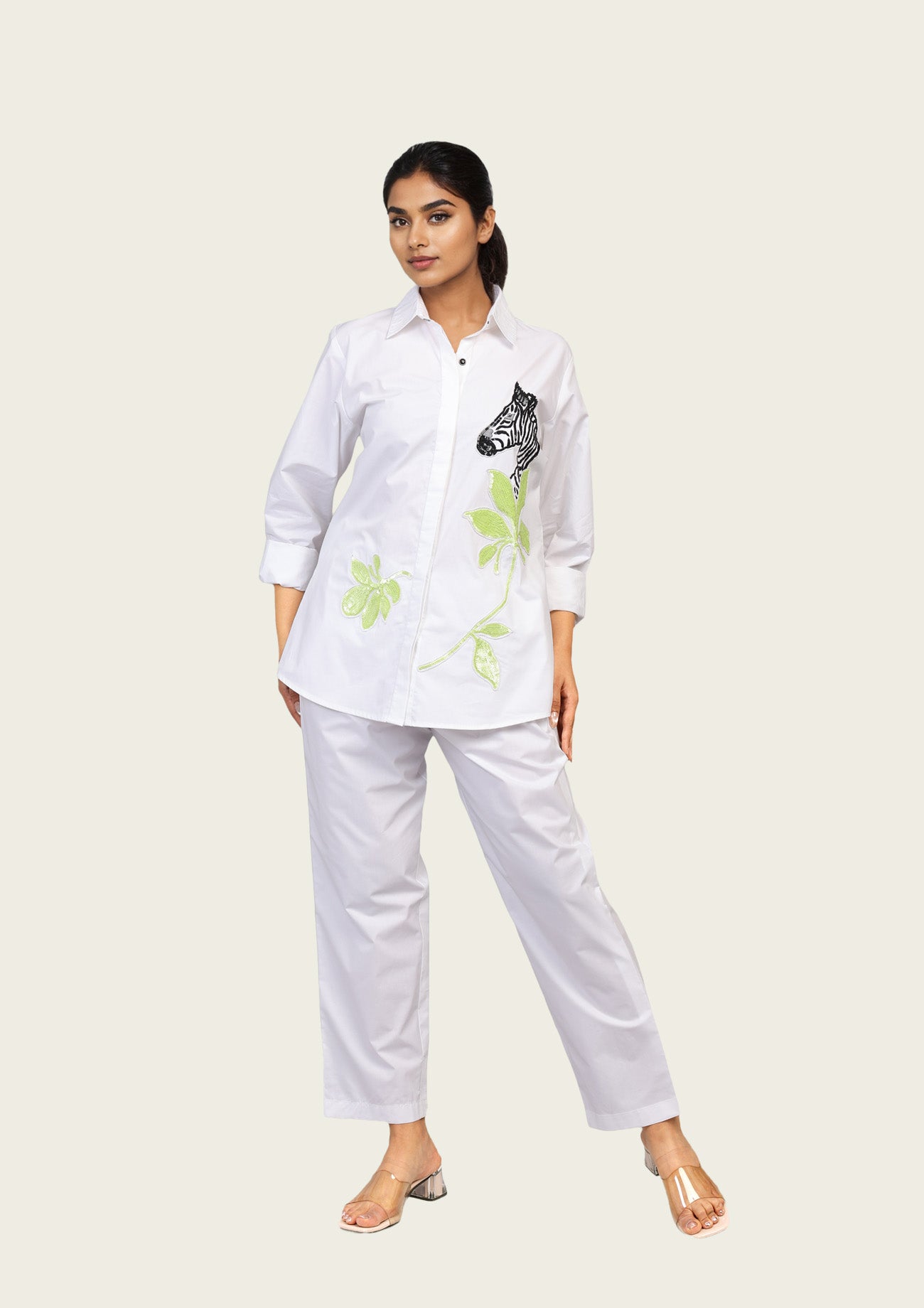 White Cotton Shirt and Pants Co-ord Set with Zebra Embroidery