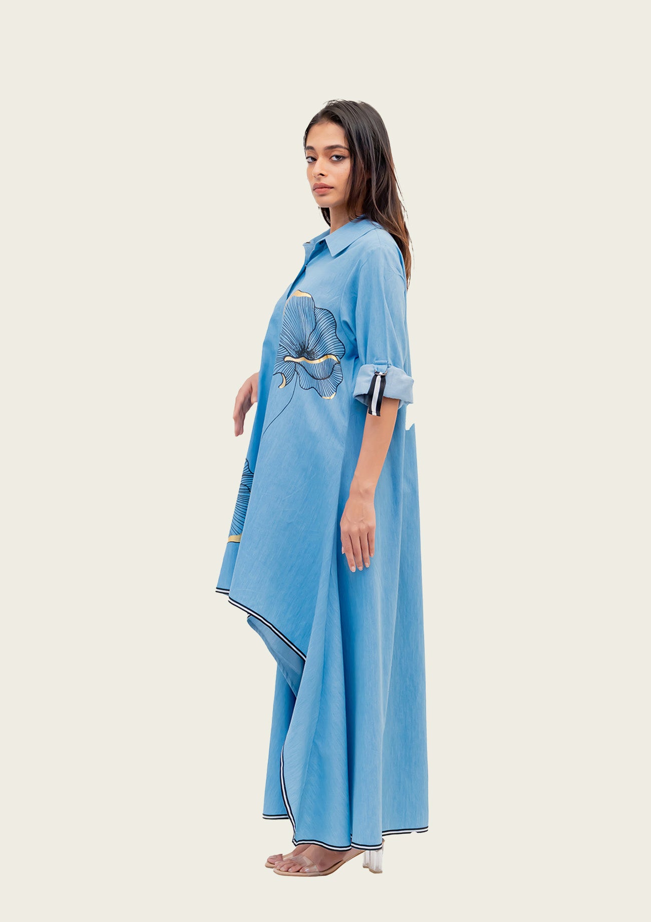Blue Cotton Denim Tunic and Pants Co-ord set with Print