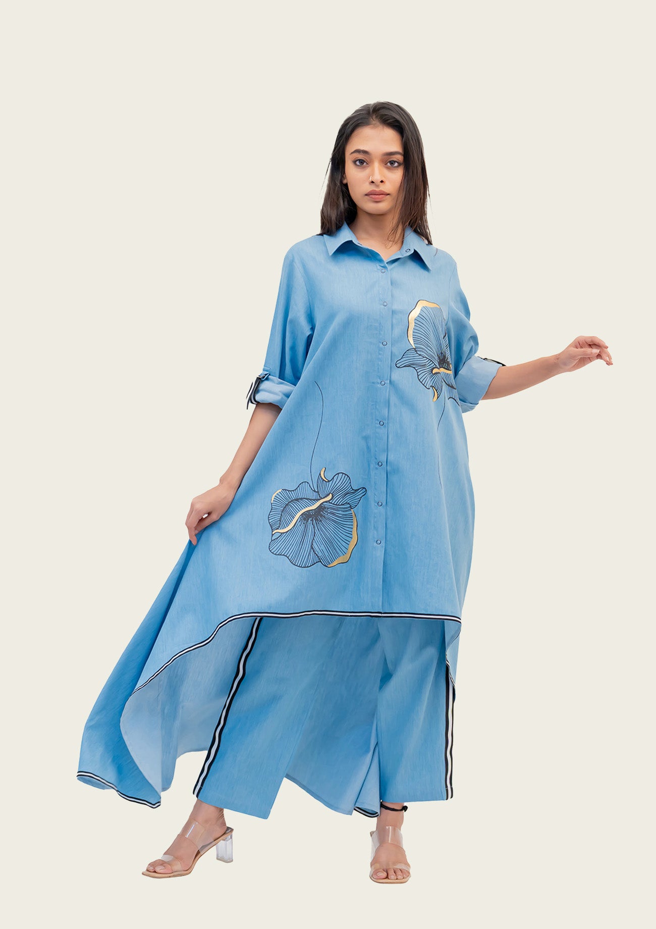 Blue Cotton Denim Tunic with Print