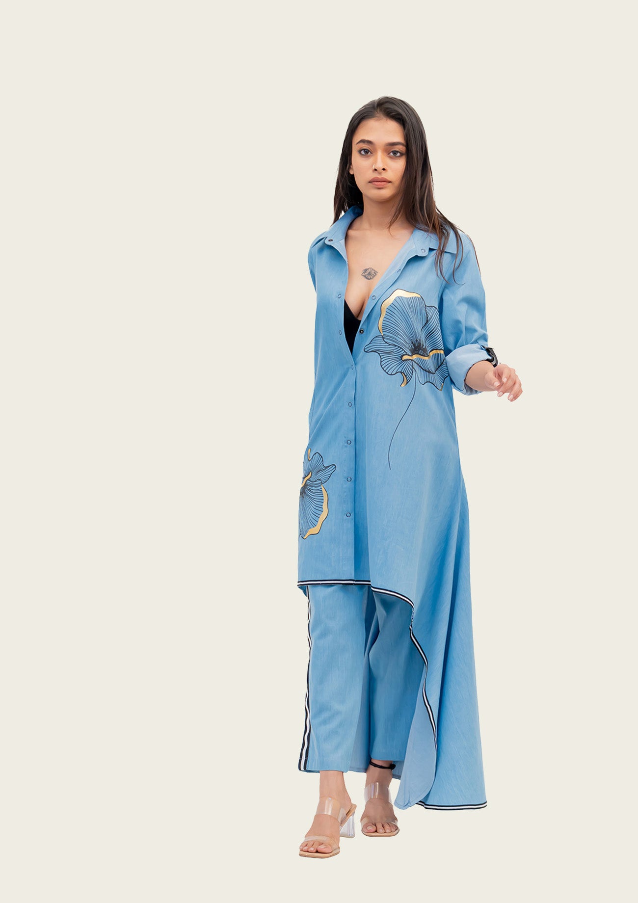 Blue Cotton Denim Tunic with Print