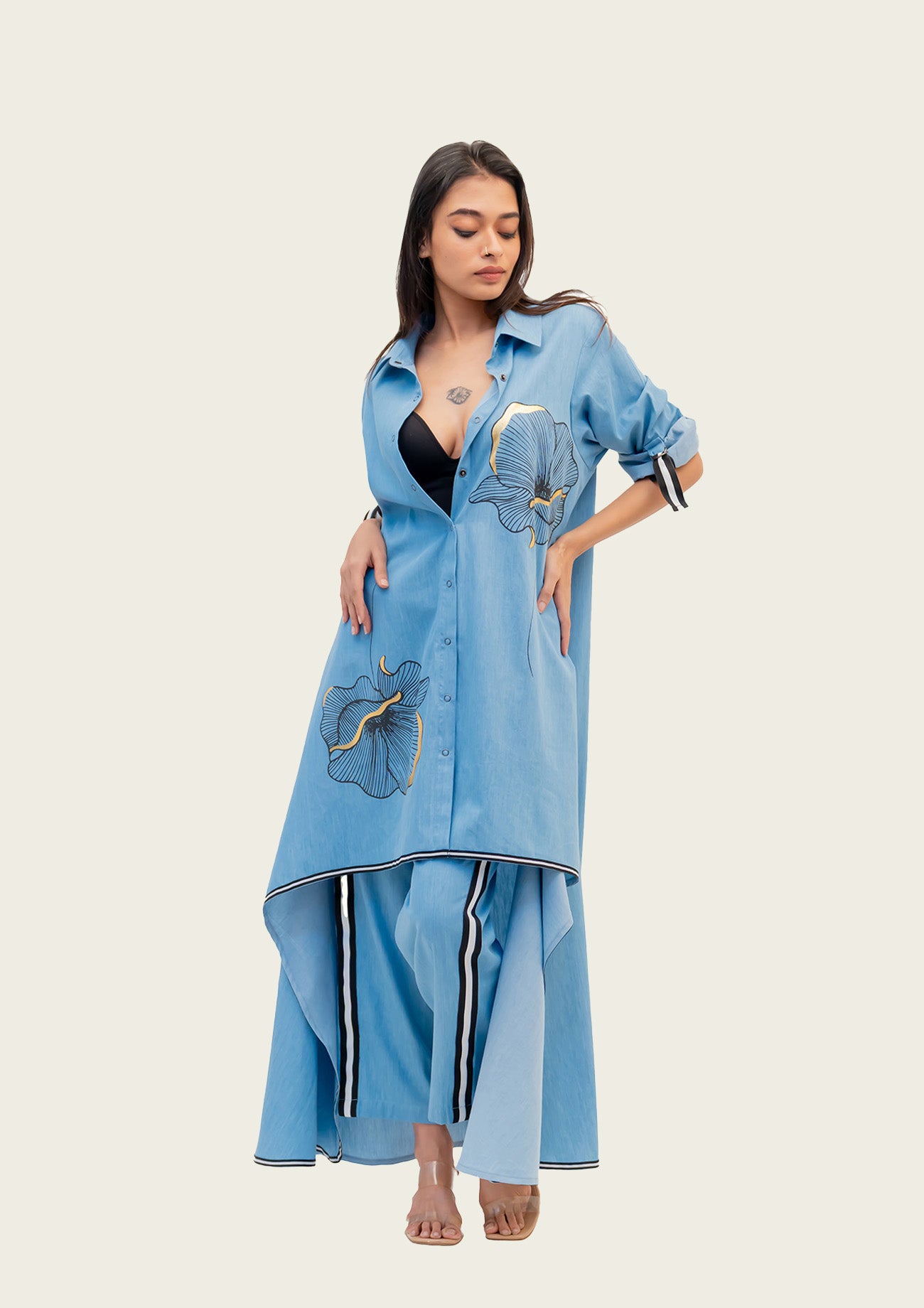 Blue Cotton Denim Tunic with Print