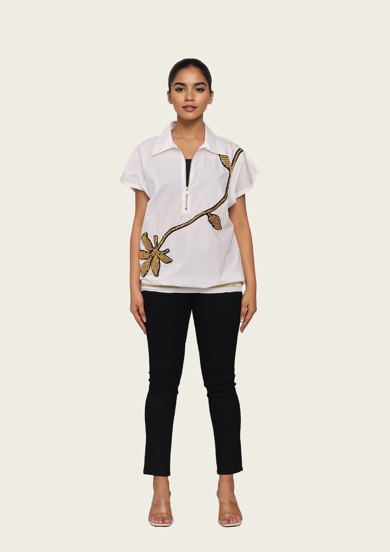 White Cotton Bomber shirt with Embroidery