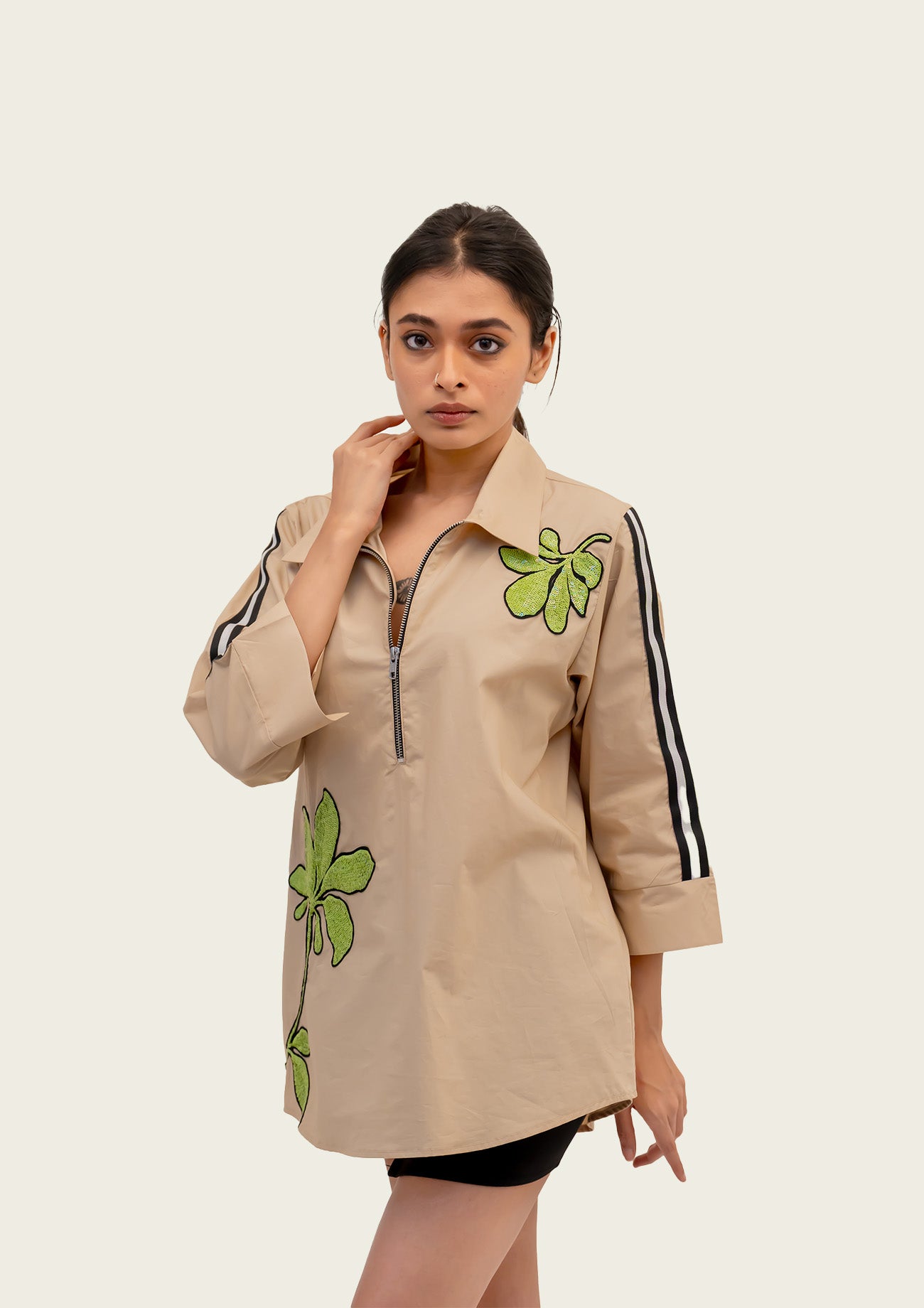 Beige Cotton Shirt with Embroidery