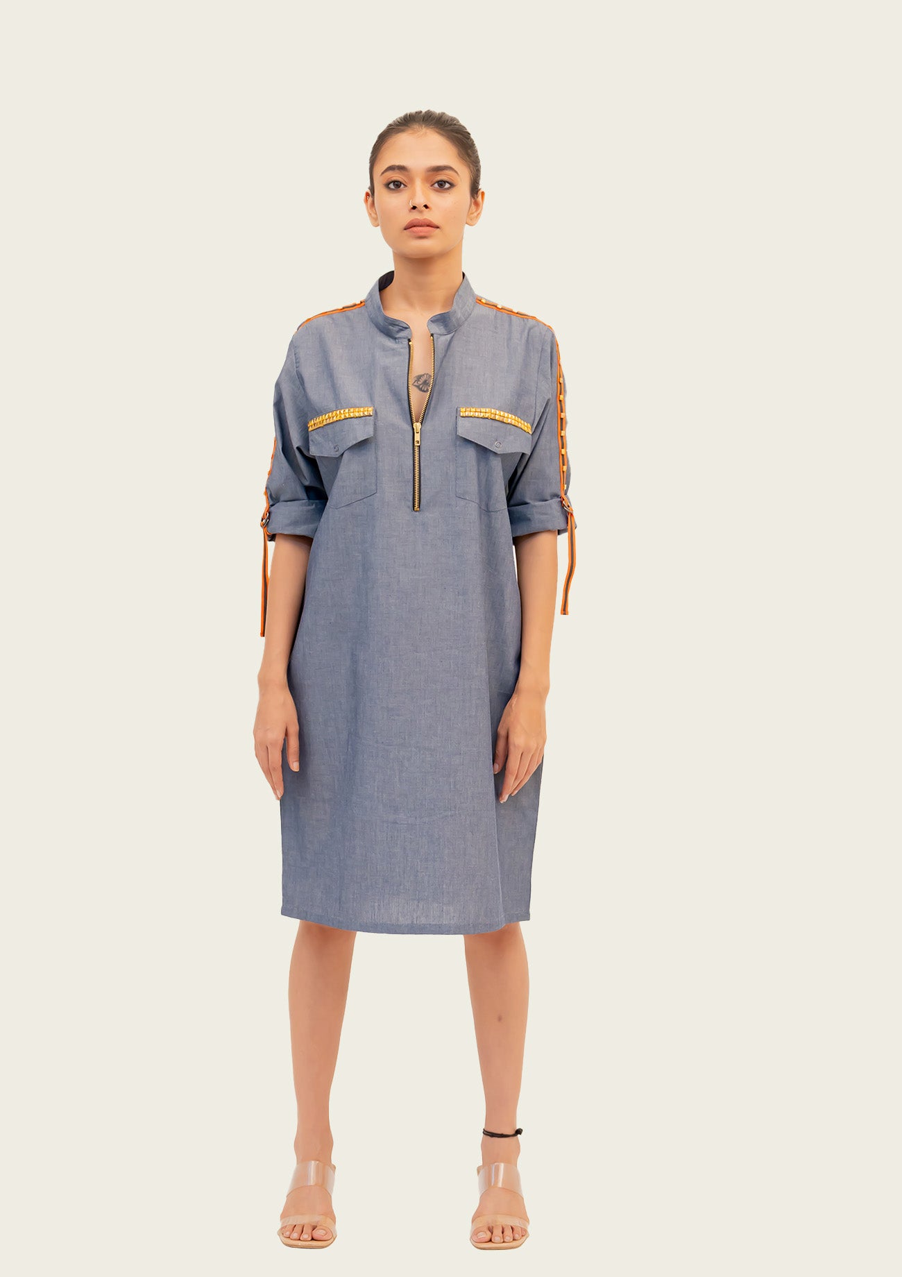 Blue Chambray Dress with Embroidery
