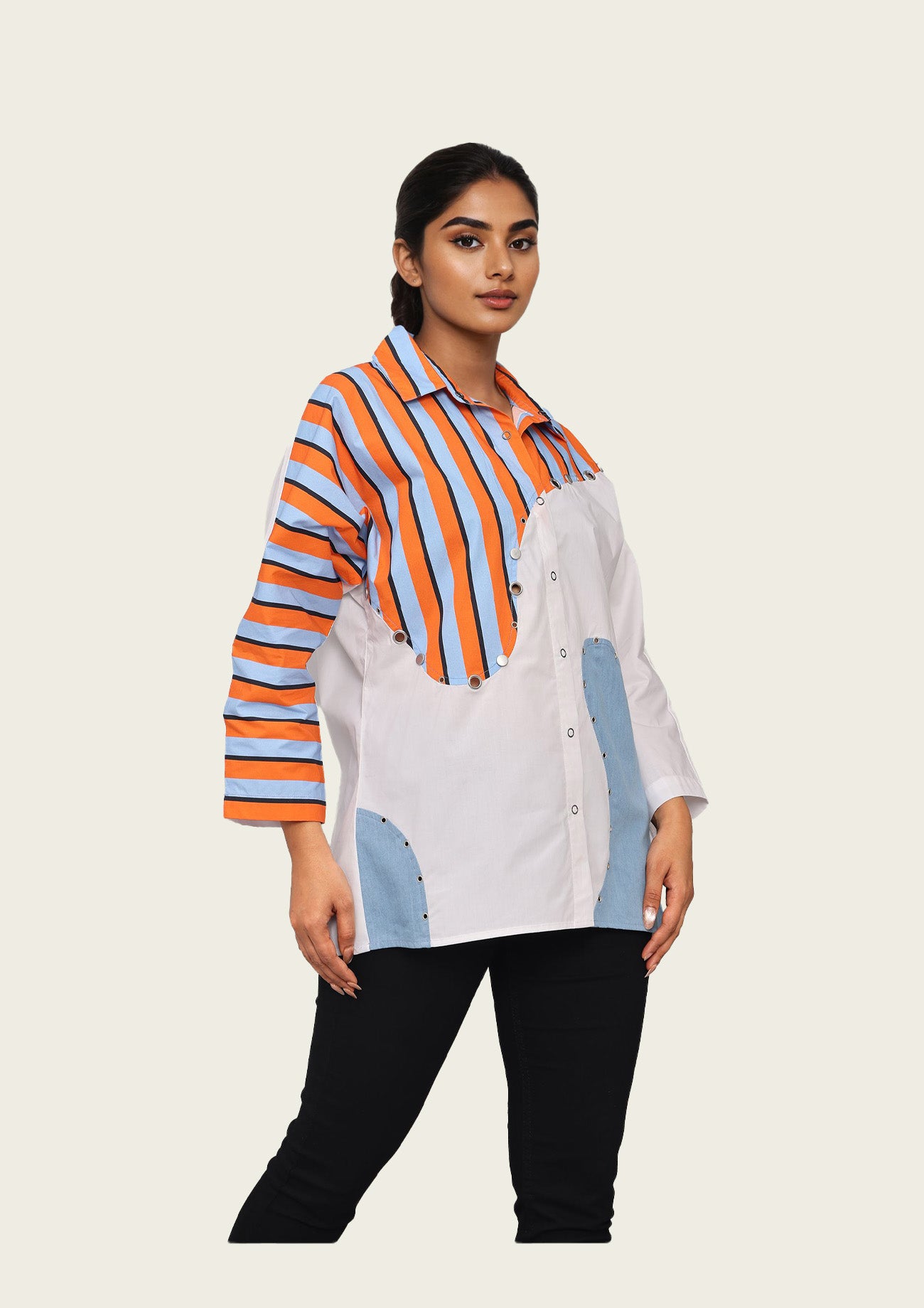 Cotton Combo Shirt with Stud Highlights