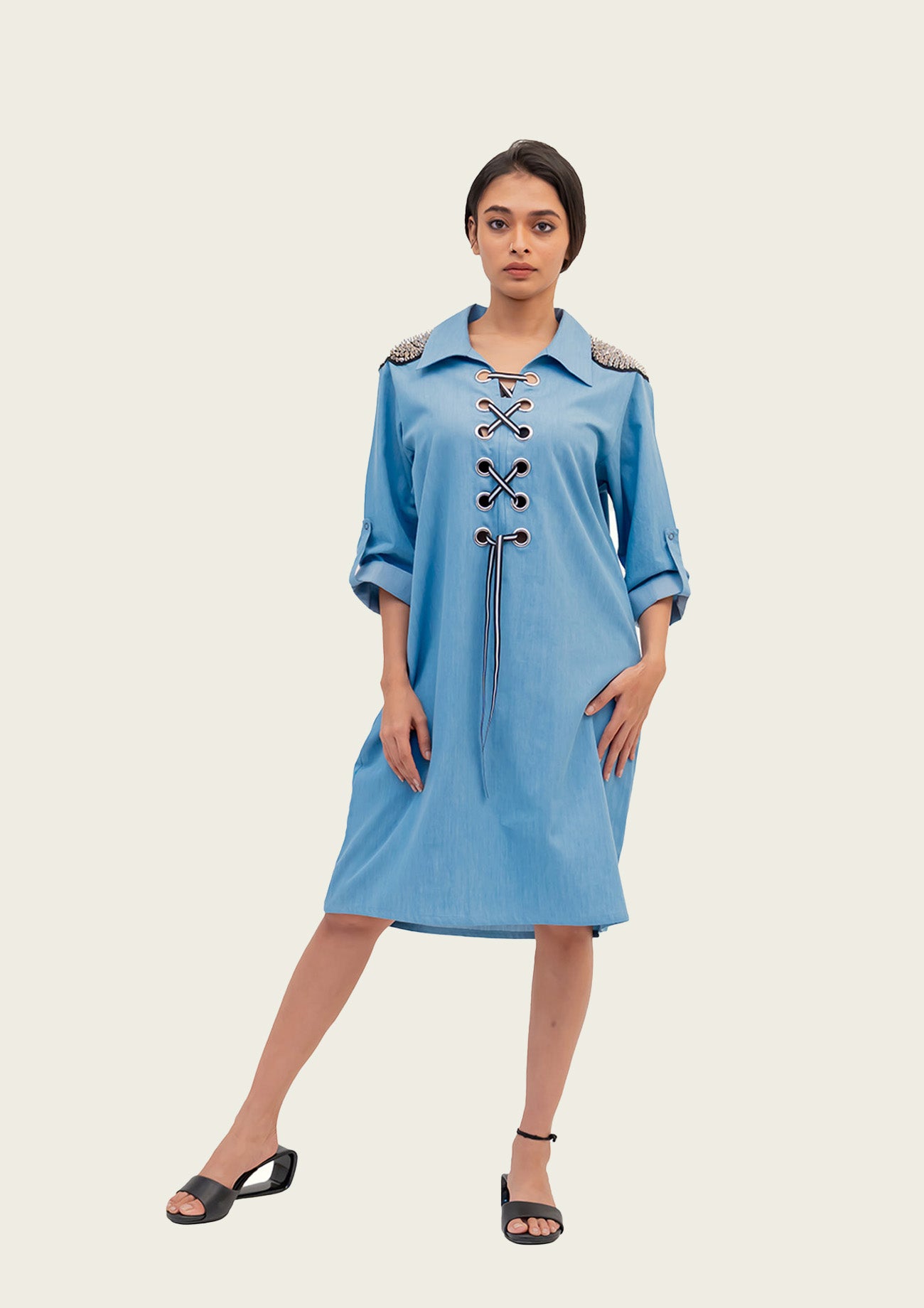 Blue Cotton Denim Dress with Embroidery