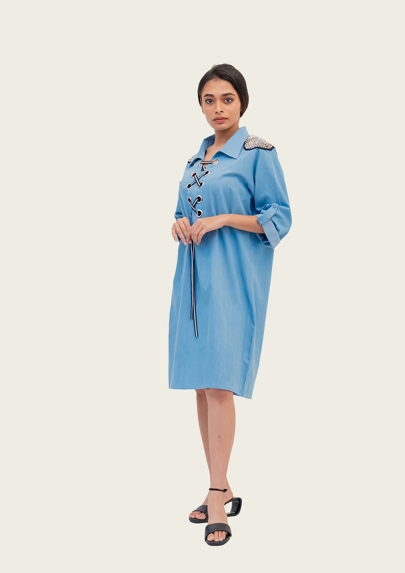 Blue Cotton Denim Dress with Embroidery