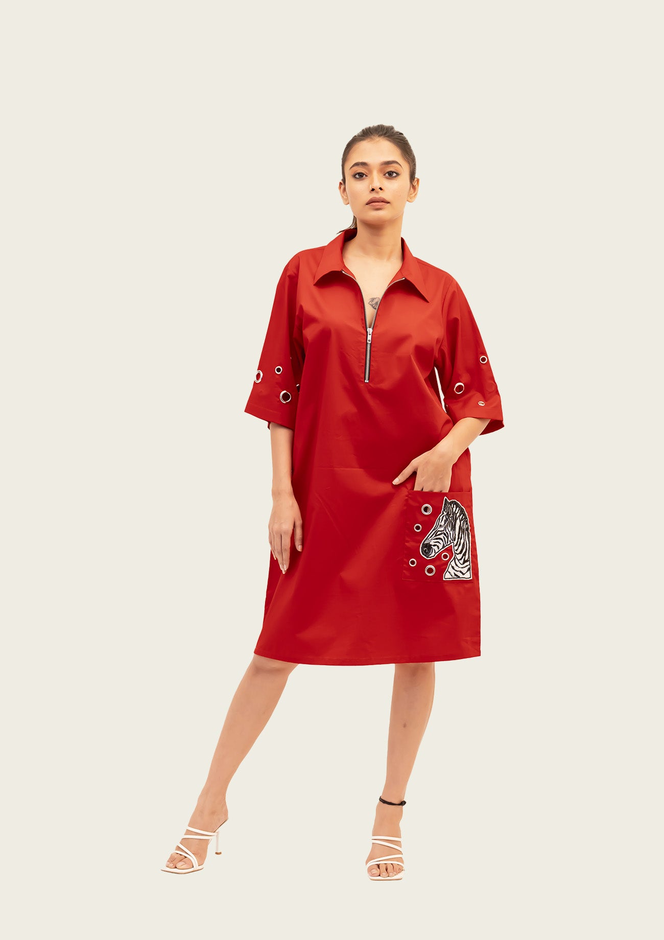 Red Cotton Dress with Embroidery