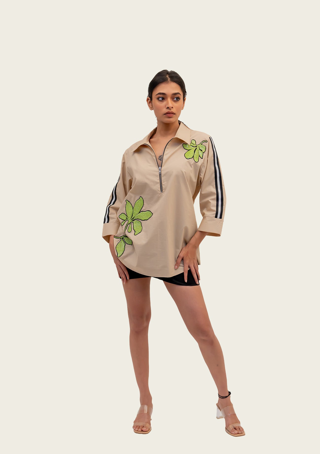 Beige Cotton Shirt with Embroidery