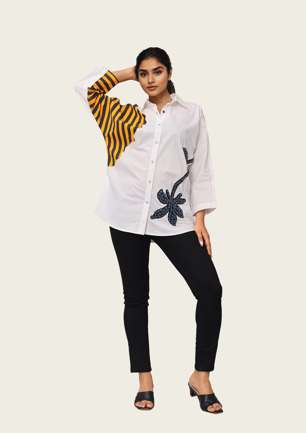 White and Stripe Combo Cotton Shirt with Embroidery