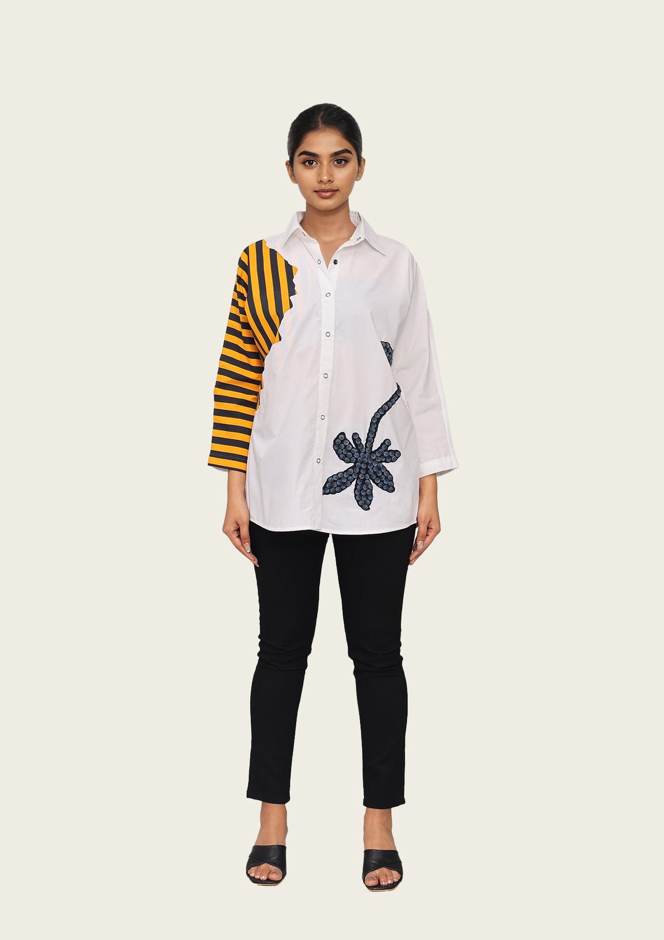 White and Stripe Combo Cotton Shirt with Embroidery