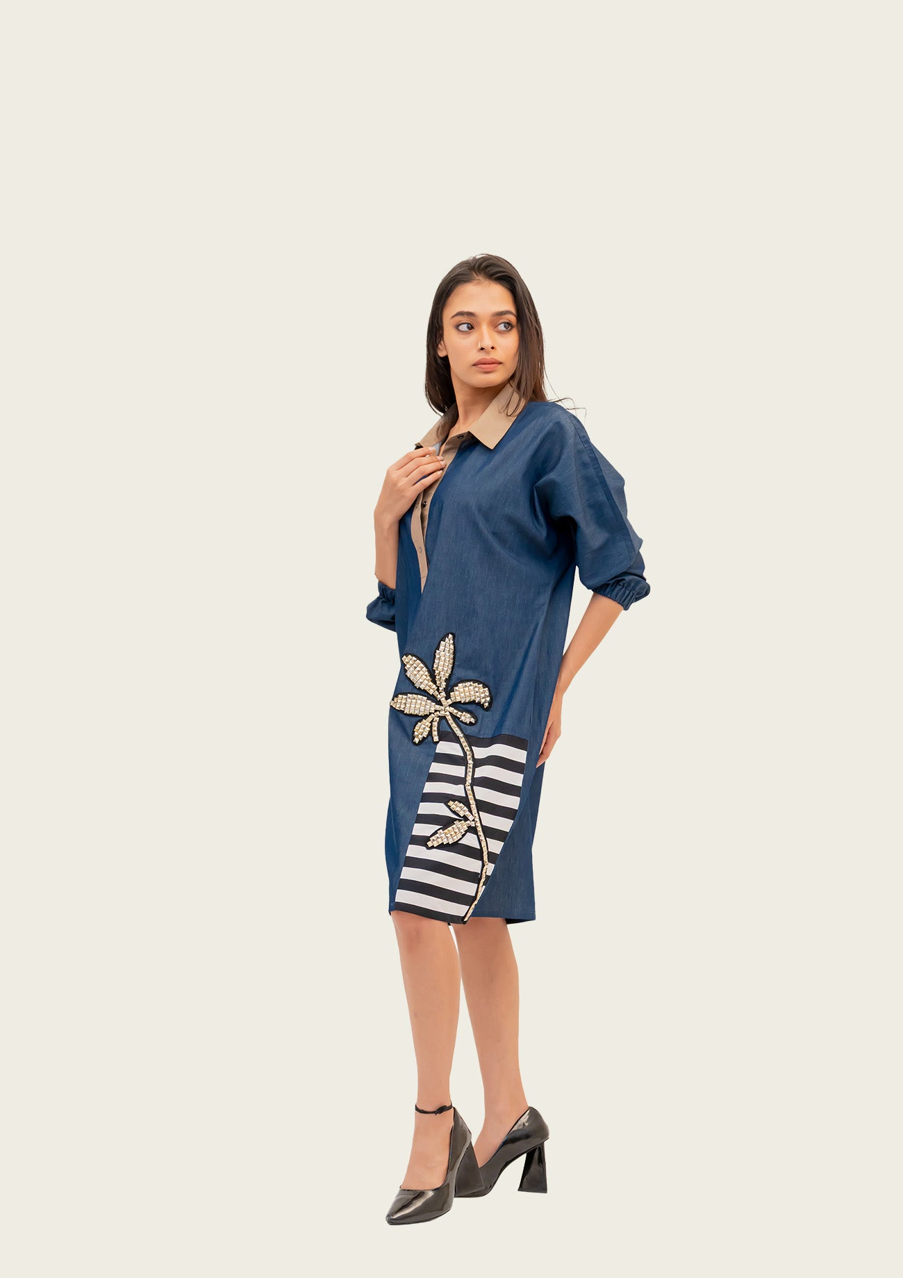 Blue Denim Combo Cotton Dress with Embroidery