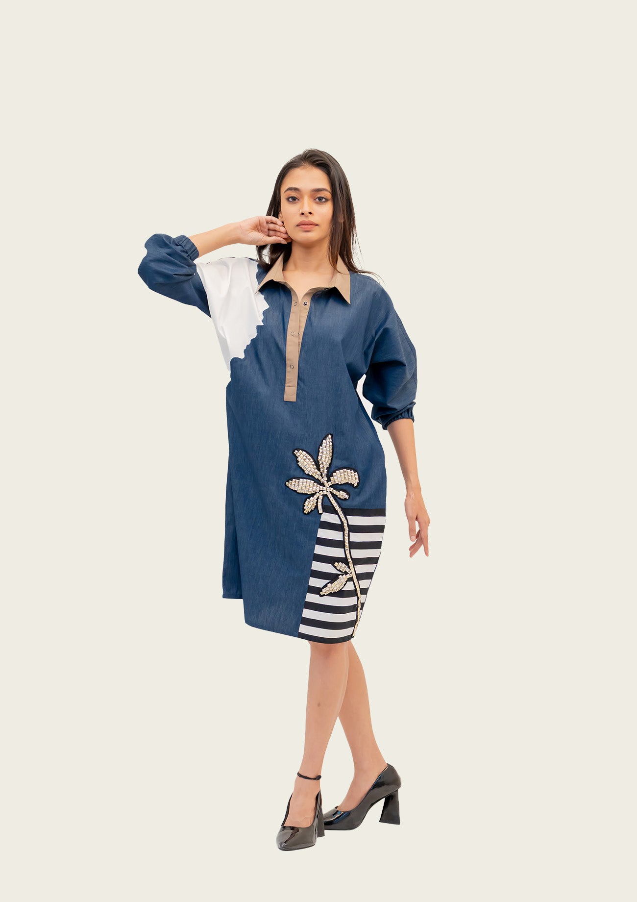 Blue Denim Combo Cotton Dress with Embroidery