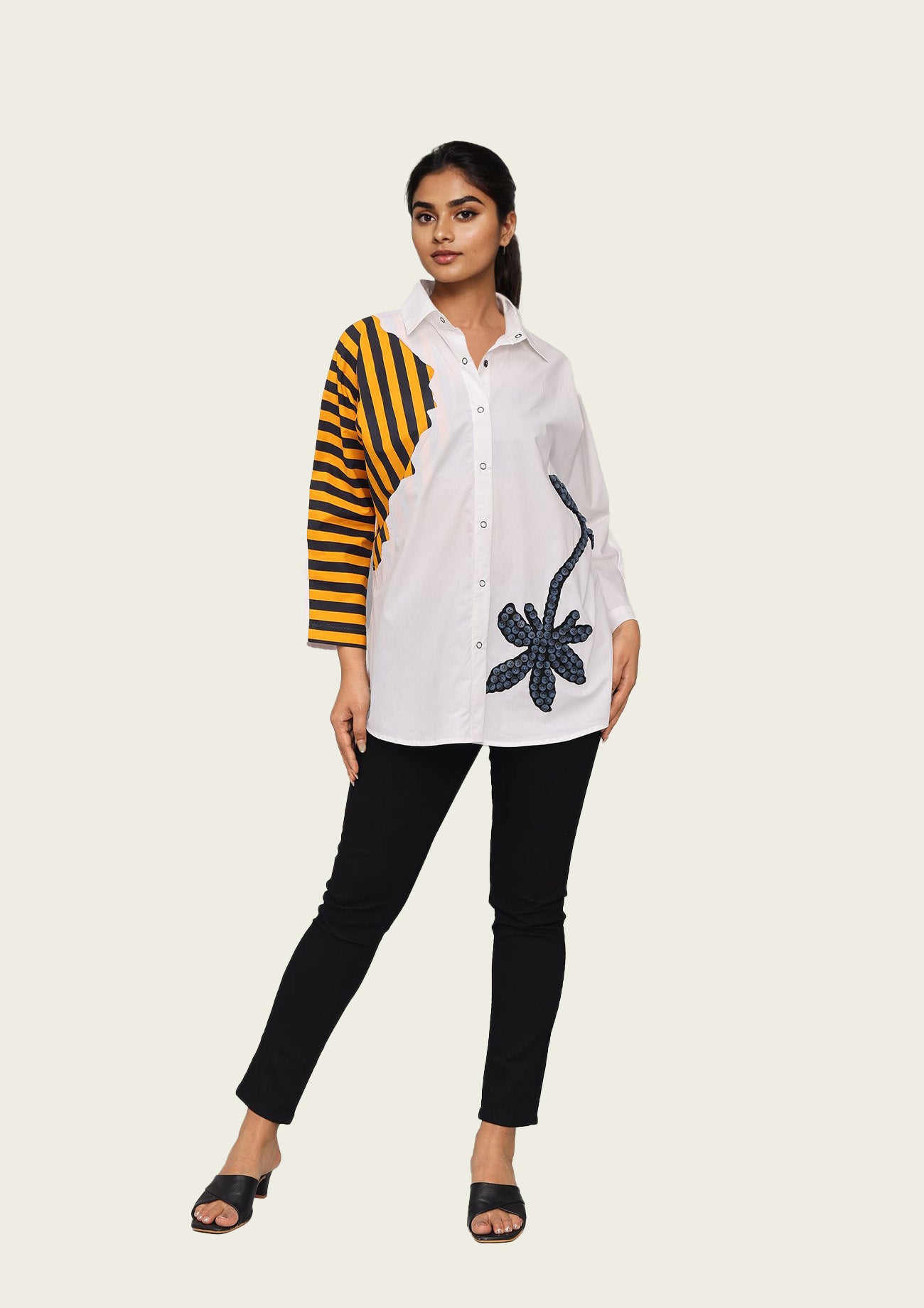 White and Stripe Combo Cotton Shirt with Embroidery
