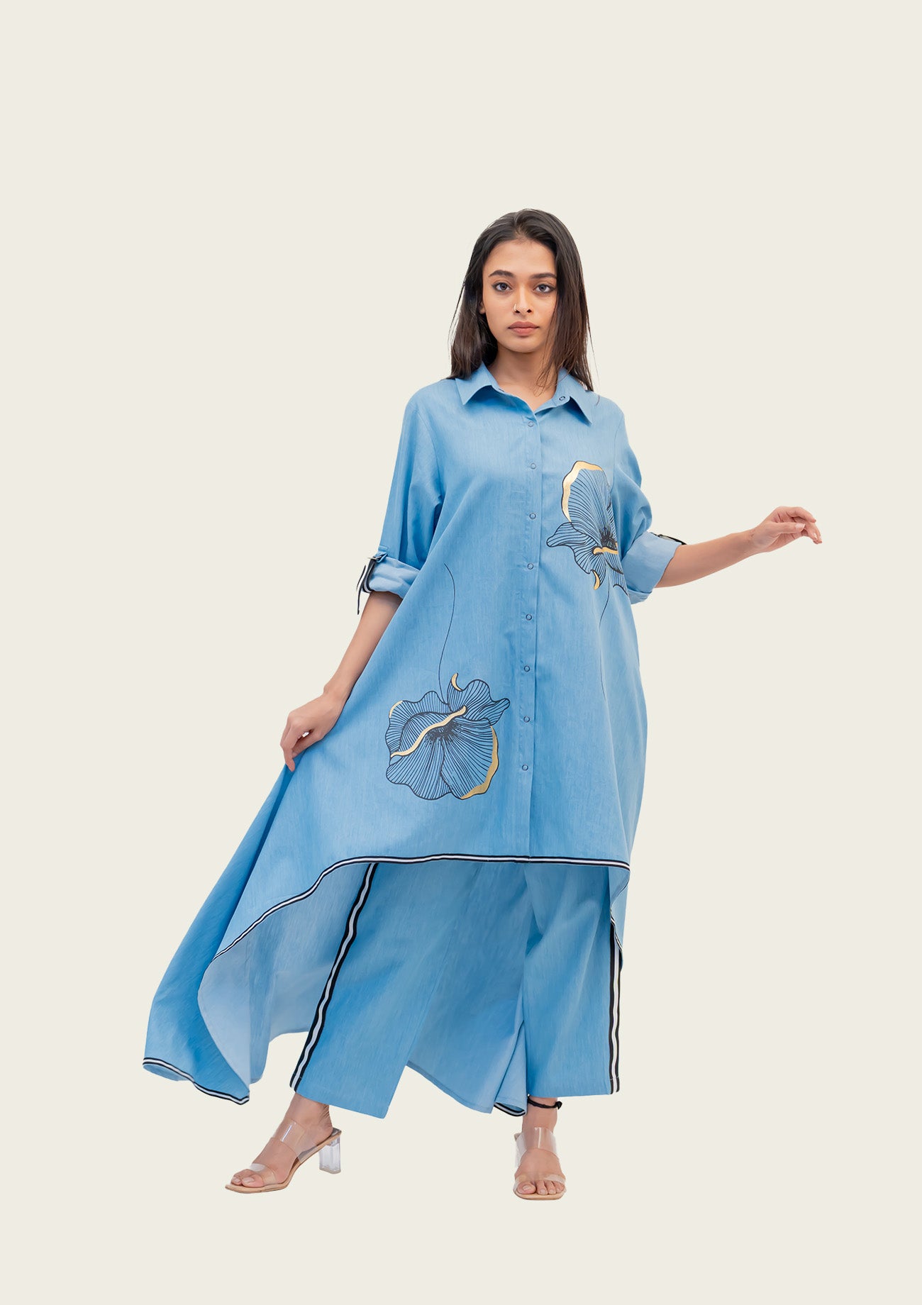 Blue Cotton Denim Tunic and Pants Co-ord set with Print