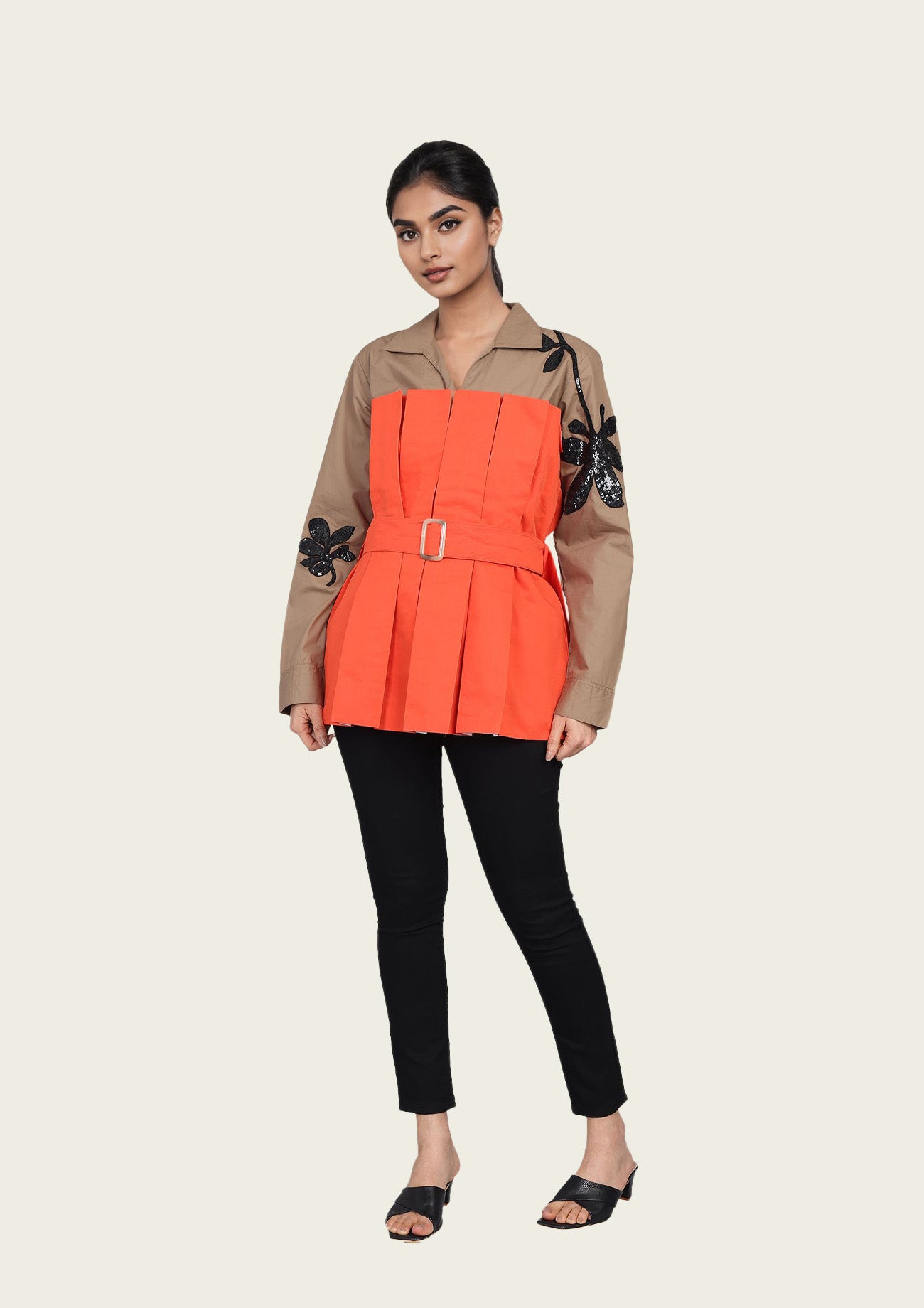 Brown and Orange Cotton Corset Shirt with Embroidery