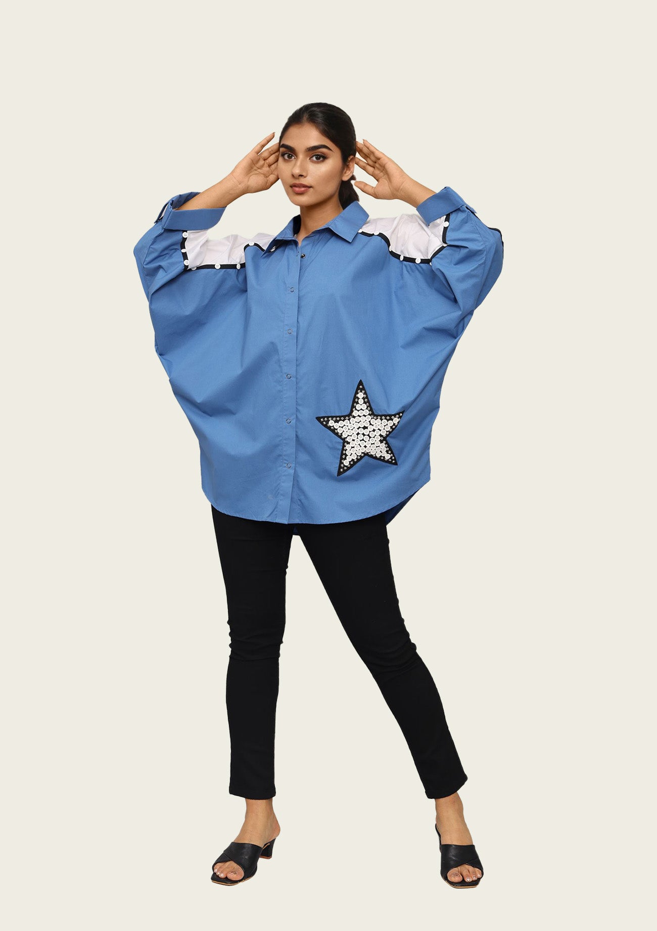 Blue Cotton Poncho Shirt with Embroidery