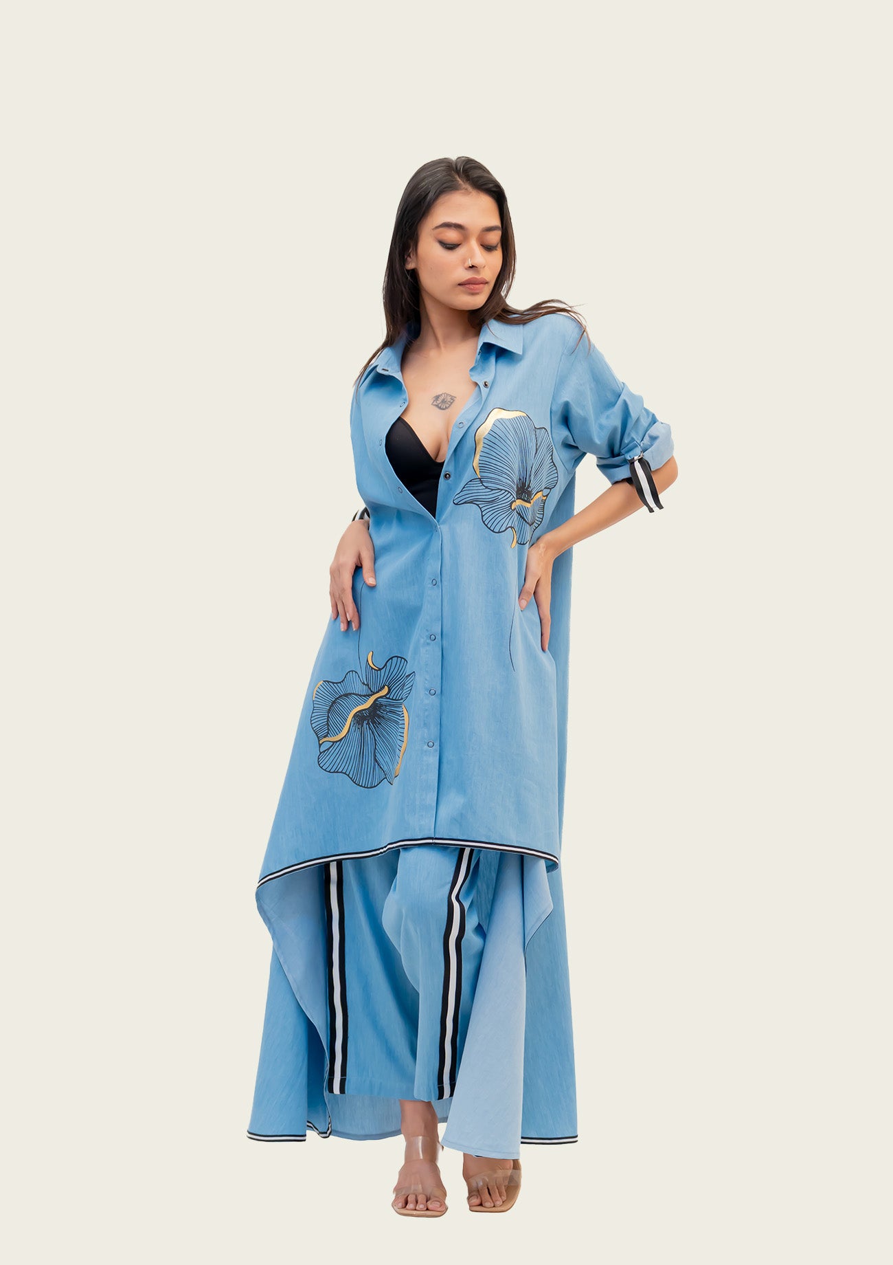 Blue Cotton Denim Tunic and Pants Co-ord set with Print