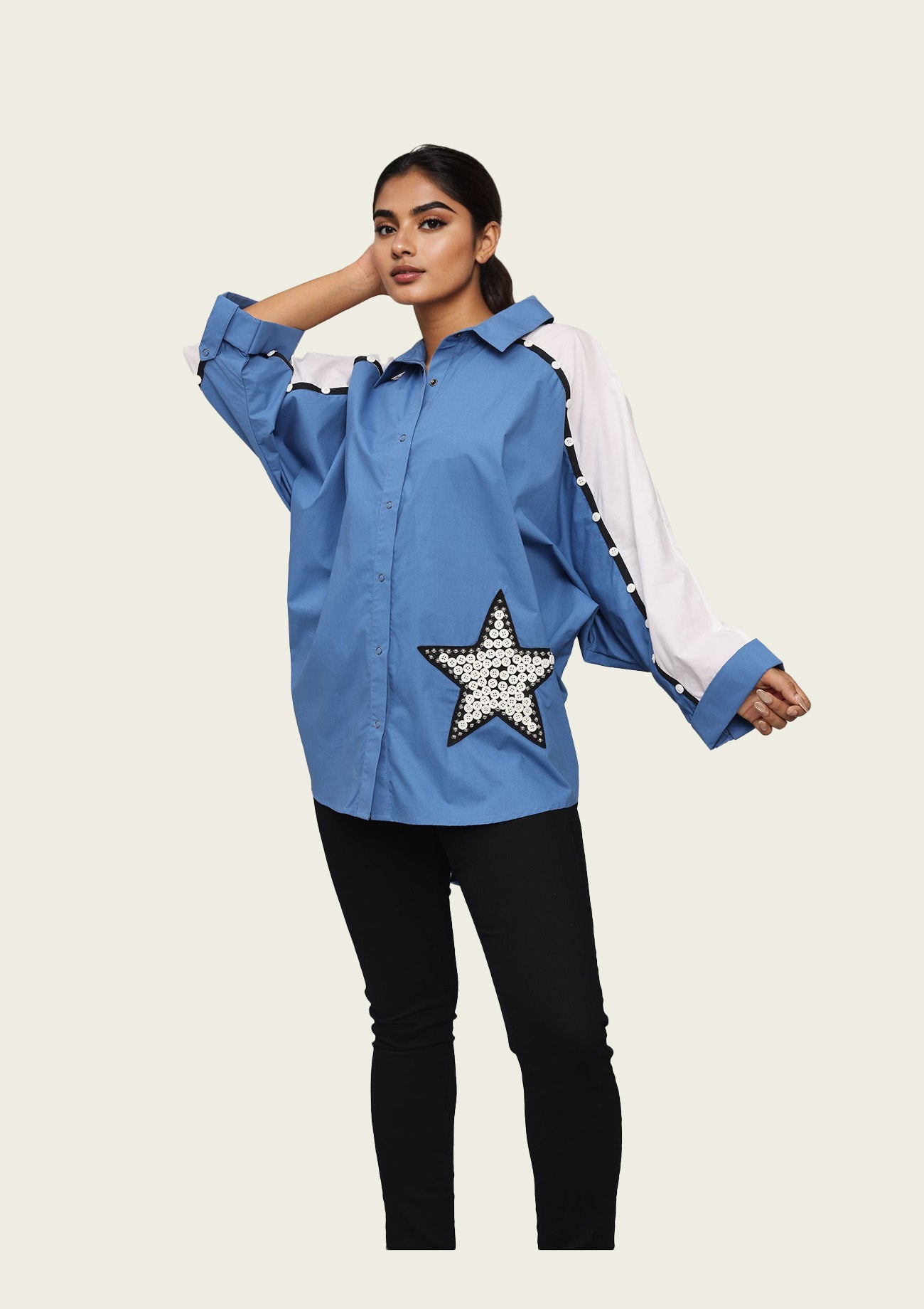 Blue Cotton Poncho Shirt with Embroidery