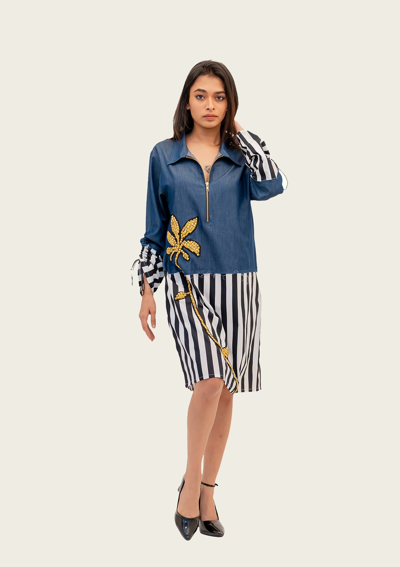 Denim and Stripe Combo Cotton Dress with Embroidery
