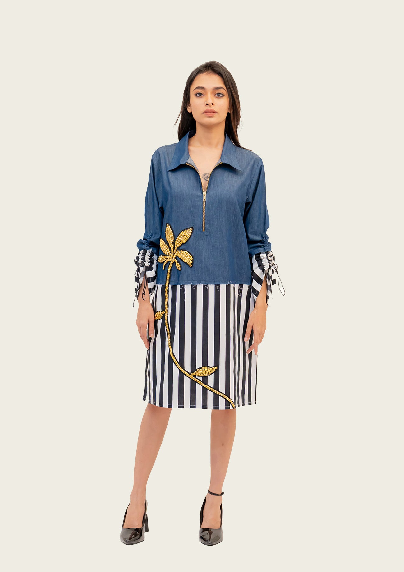 Denim and Stripe Combo Cotton Dress with Embroidery