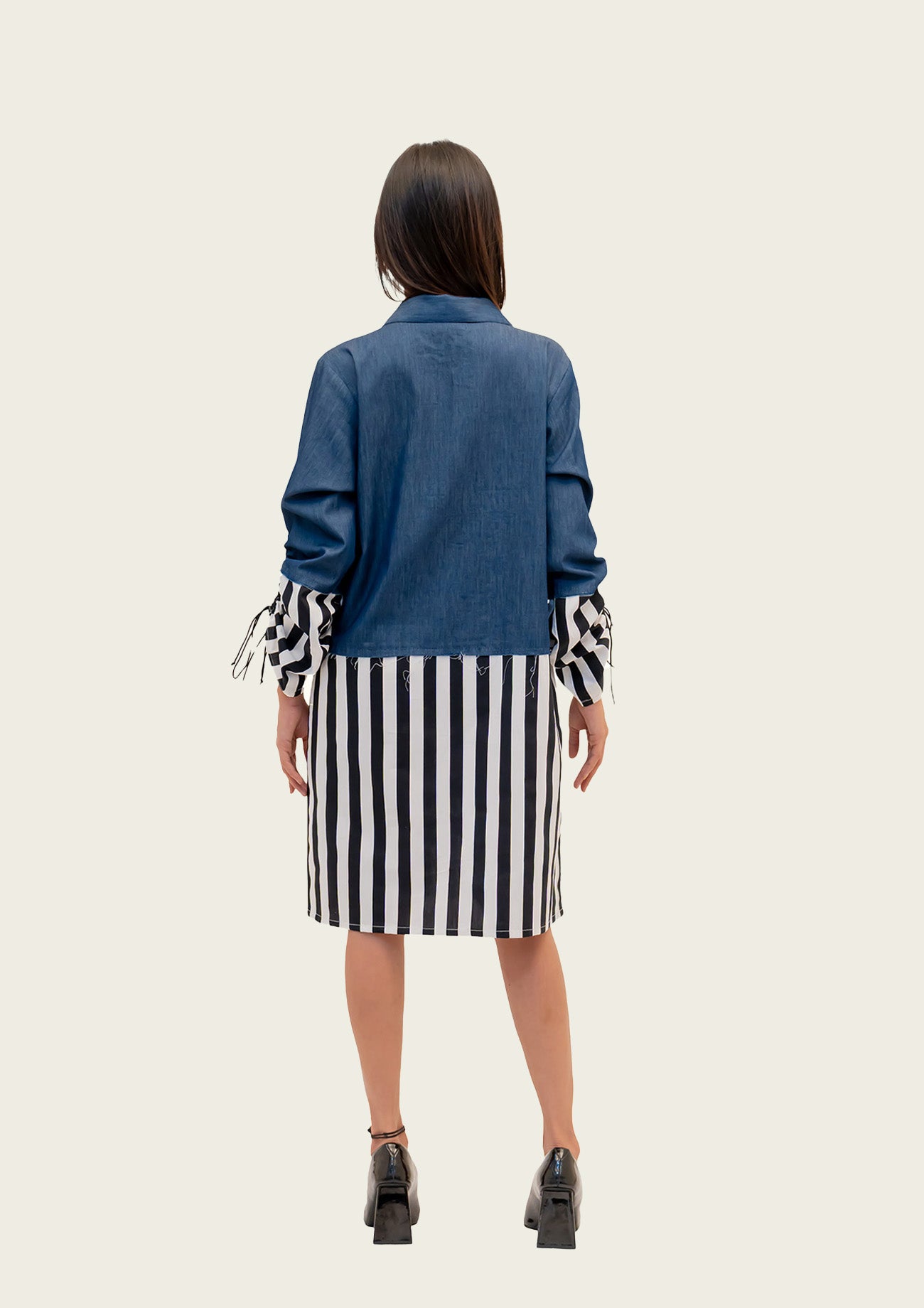 Denim and Stripe Combo Cotton Dress with Embroidery