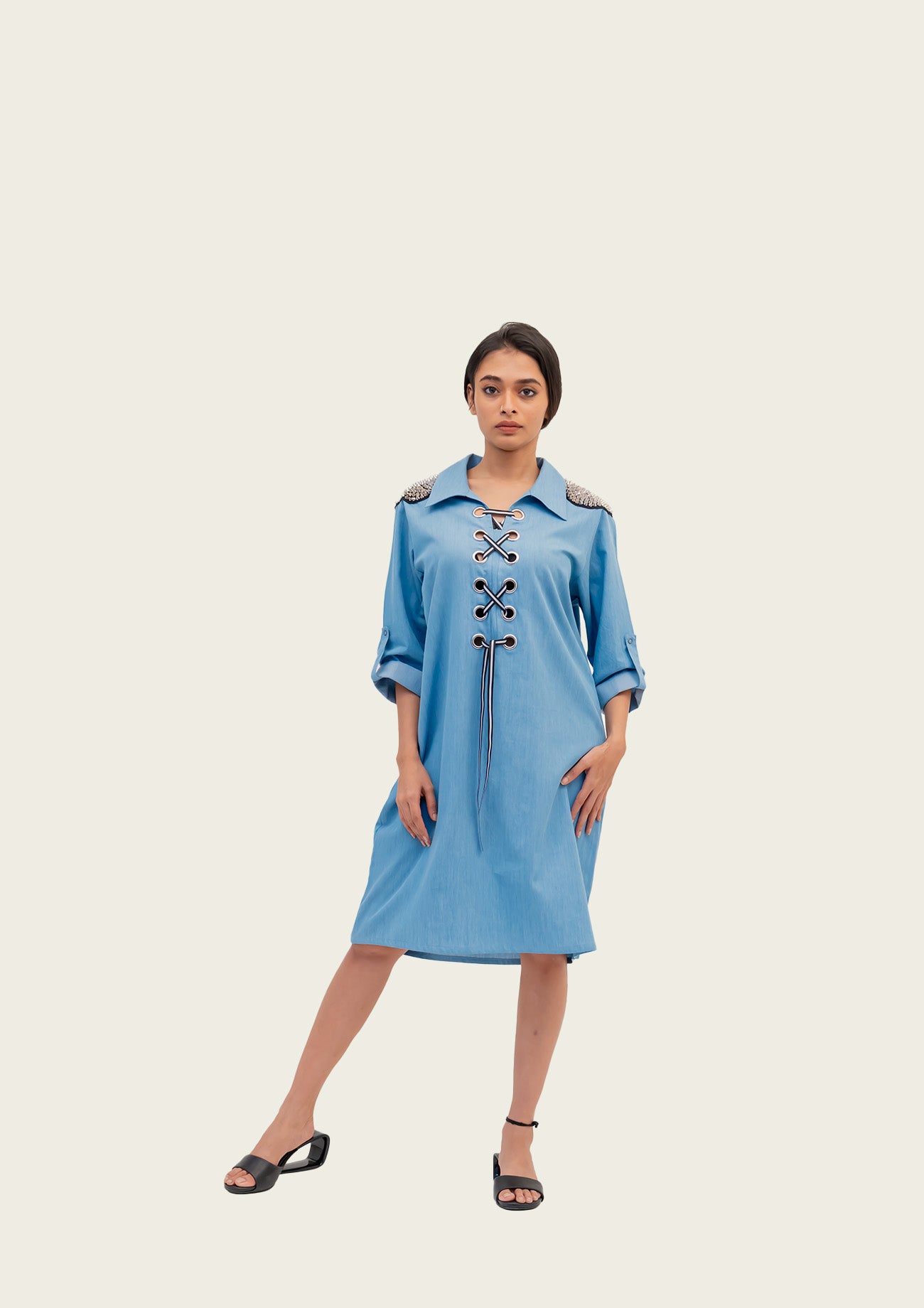 Blue Cotton Denim Dress with Embroidery