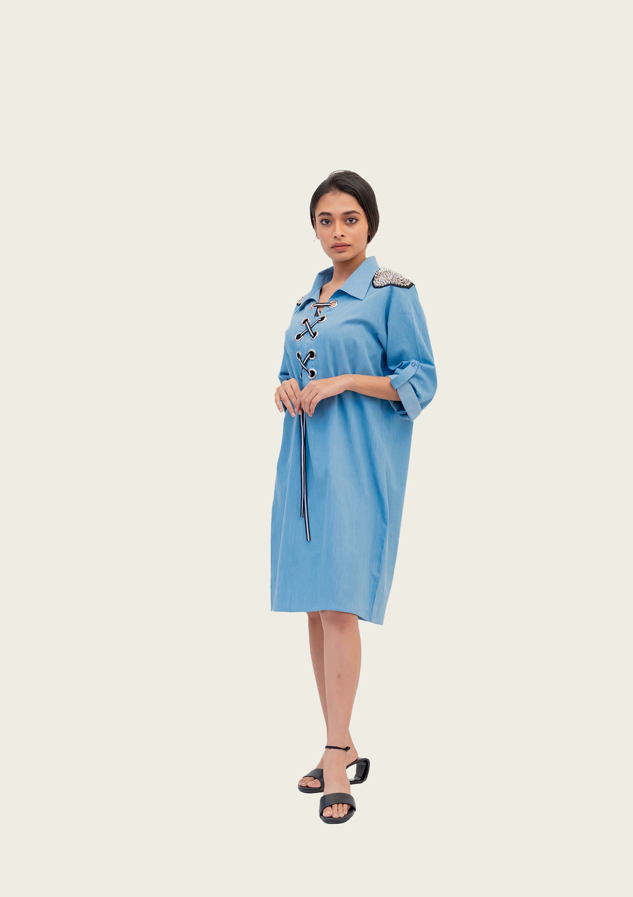 Blue Cotton Denim Dress with Embroidery