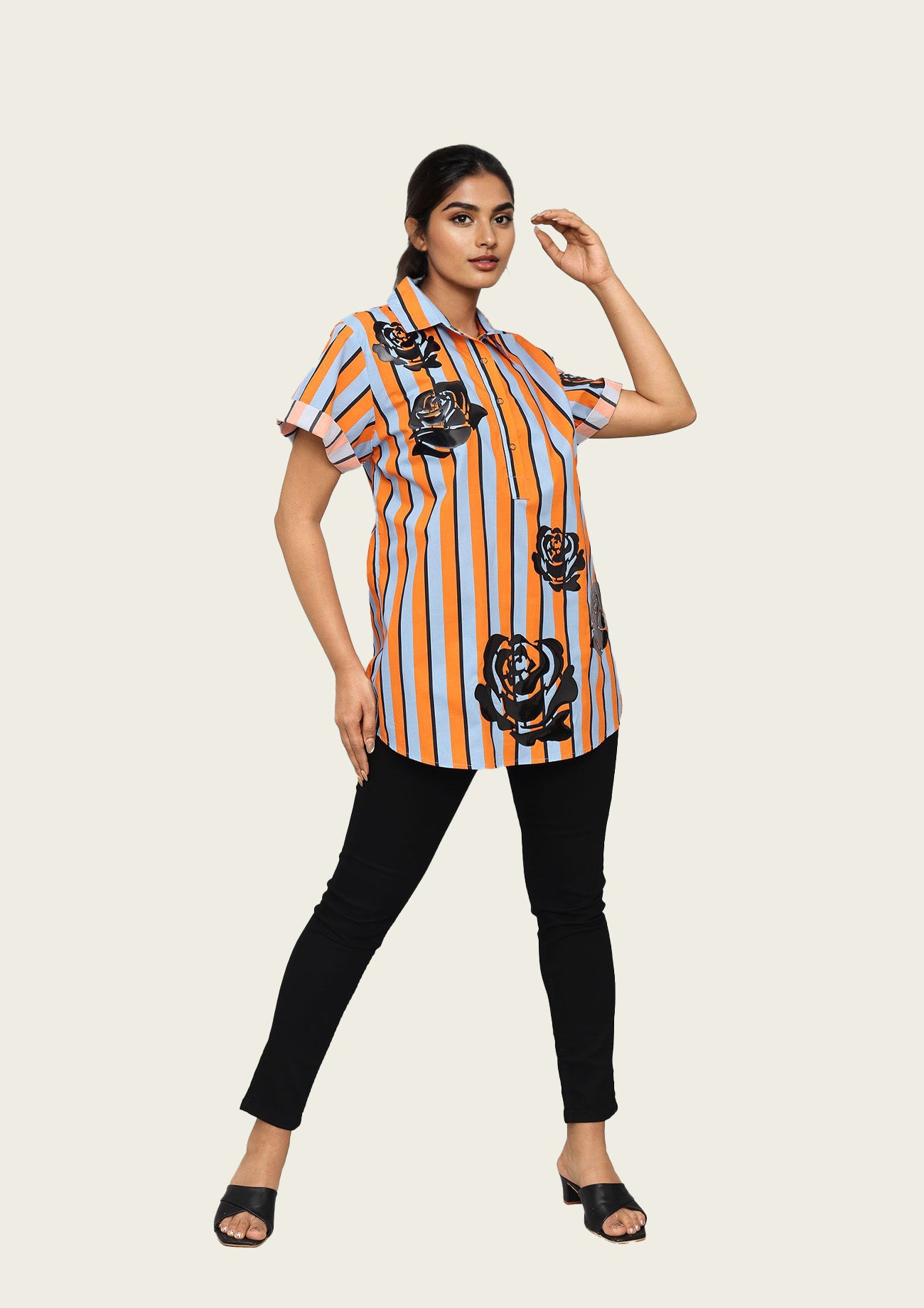 Orange and Blue Strip Cotton Shirt with Applique