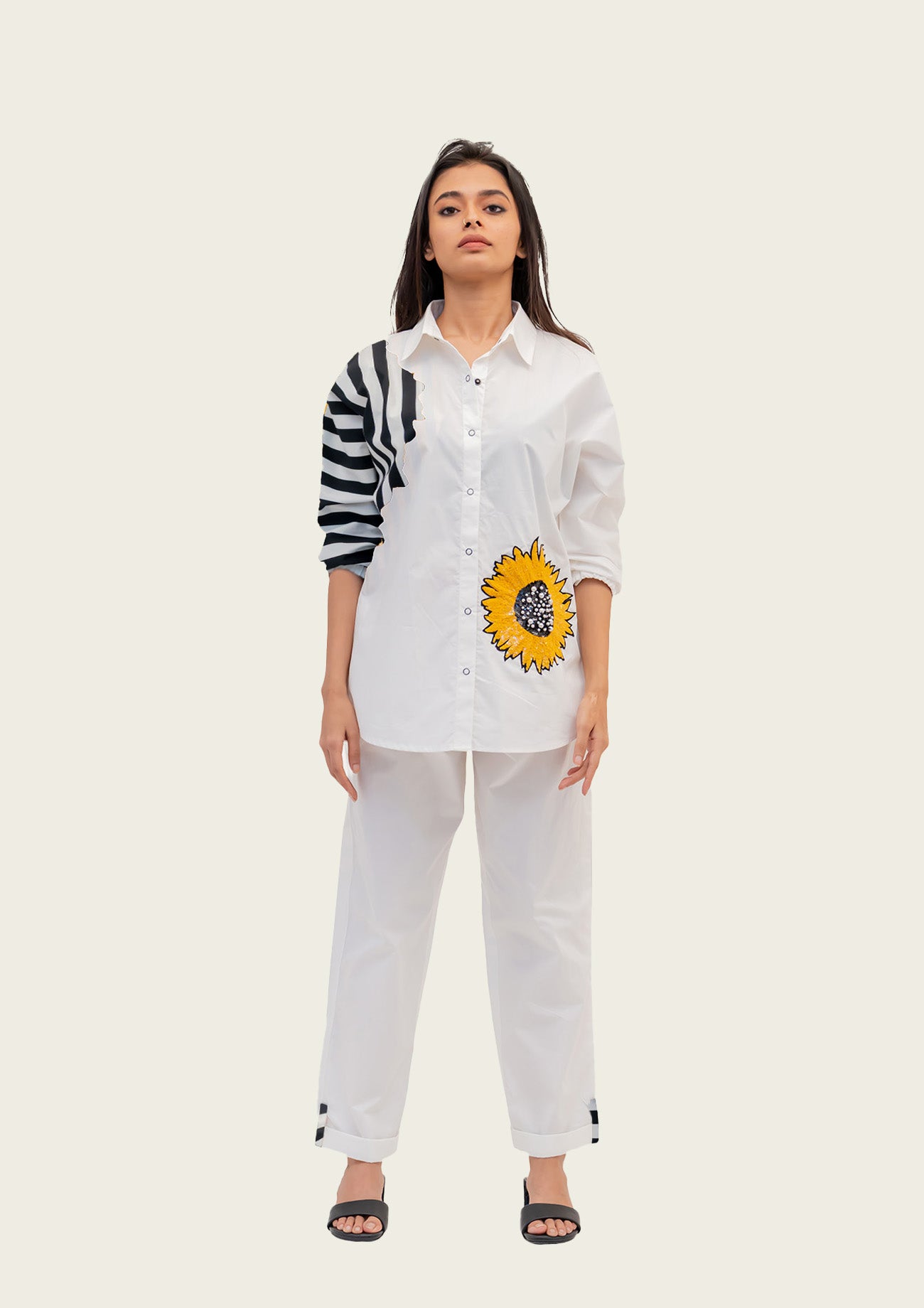 White Cotton Shirt and Pants Co-ord Set with Embroidery