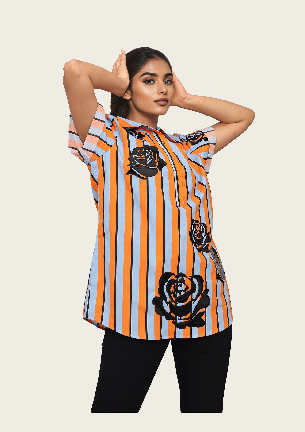 Orange and Blue Strip Cotton Shirt with Applique