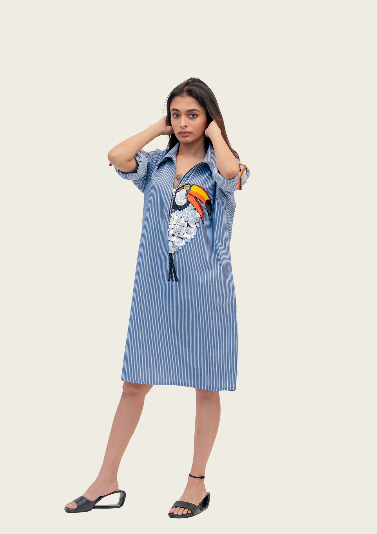 Blue and White Stripe Cotton Dress with Embroidery
