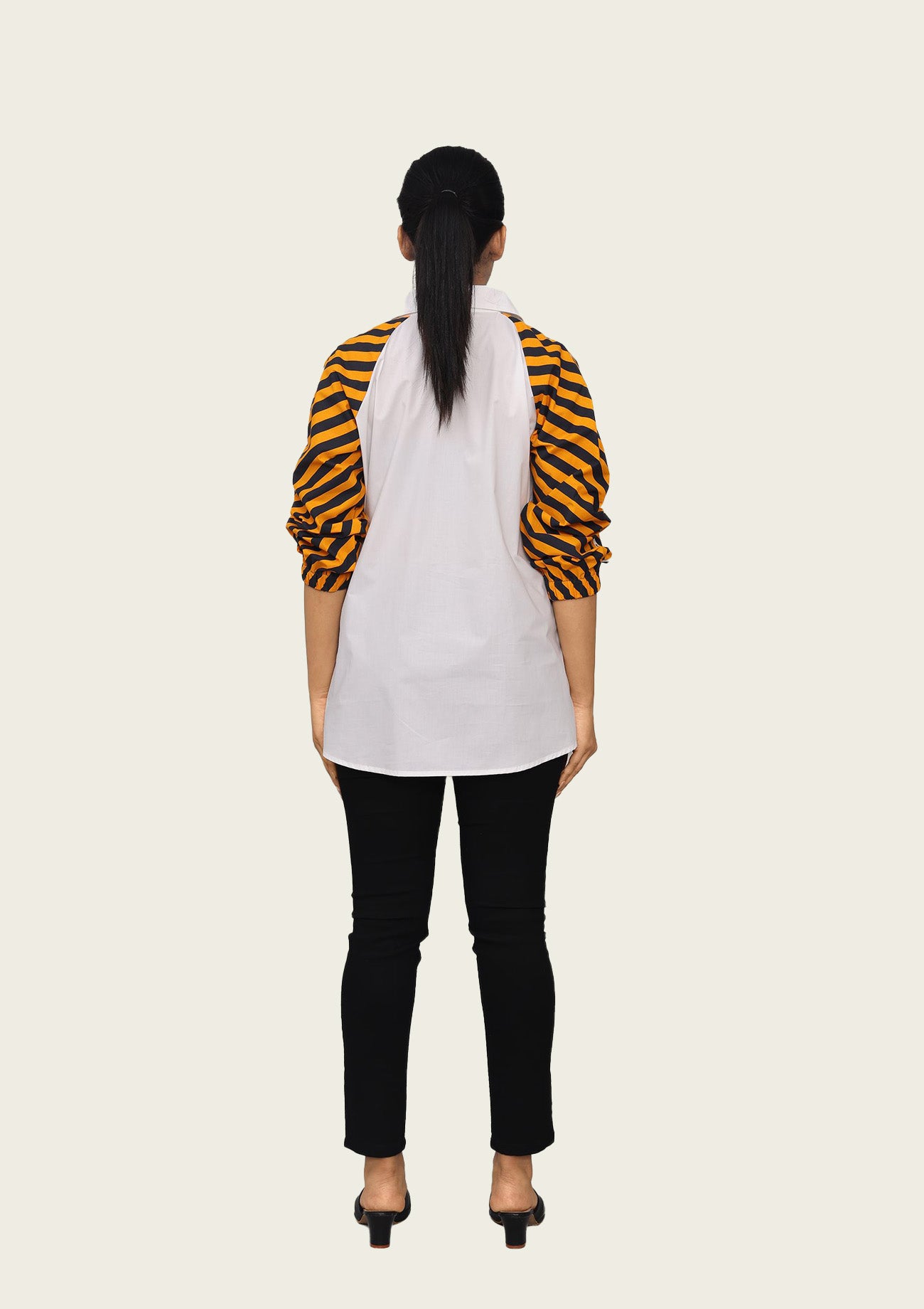 White Cotton Shirt with Contrast Sleeves and Embroidery