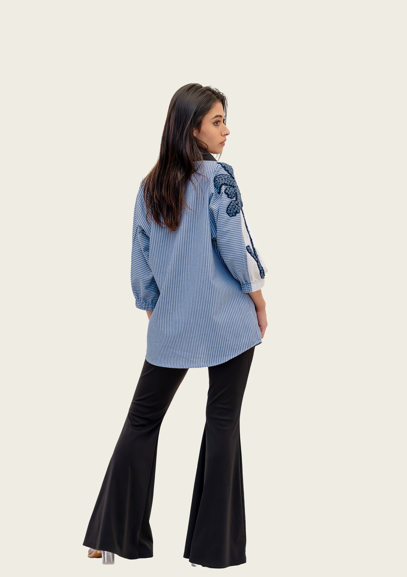 Blue Stripe and White Cotton Shirt with Embroidery