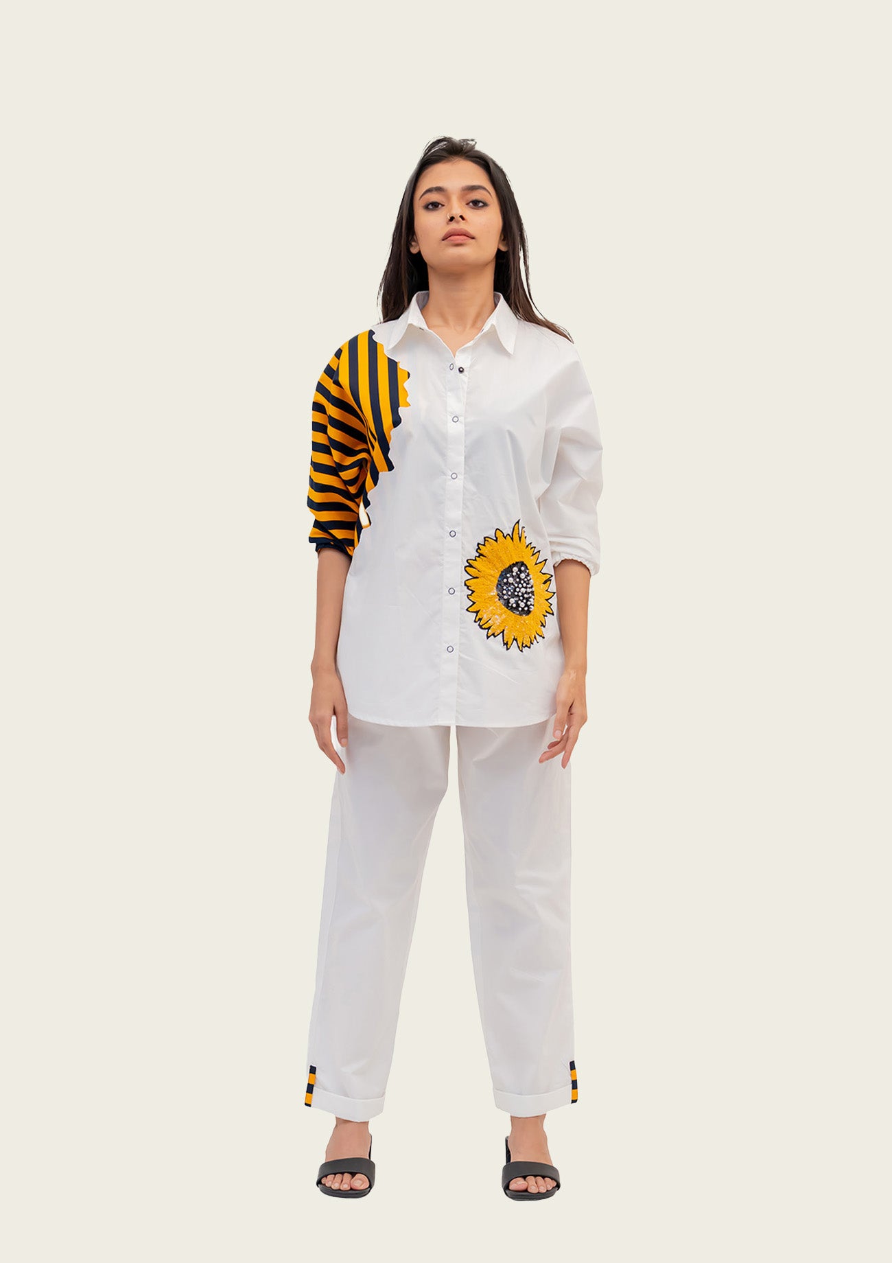 White Cotton Shirt and Pants Co-ord Set with Embroidery