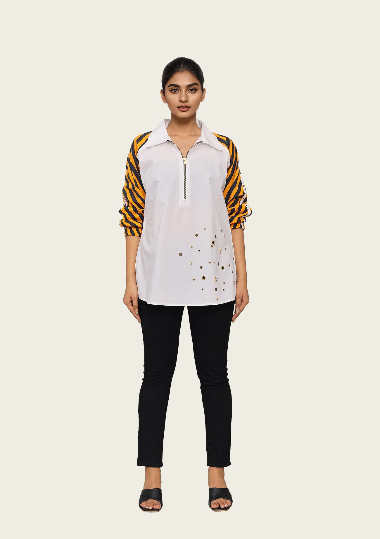 White Cotton Shirt with Contrast Sleeves and Embroidery
