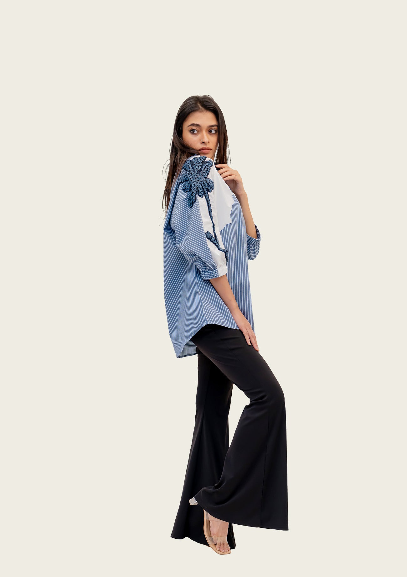Blue Stripe and White Cotton Shirt with Embroidery